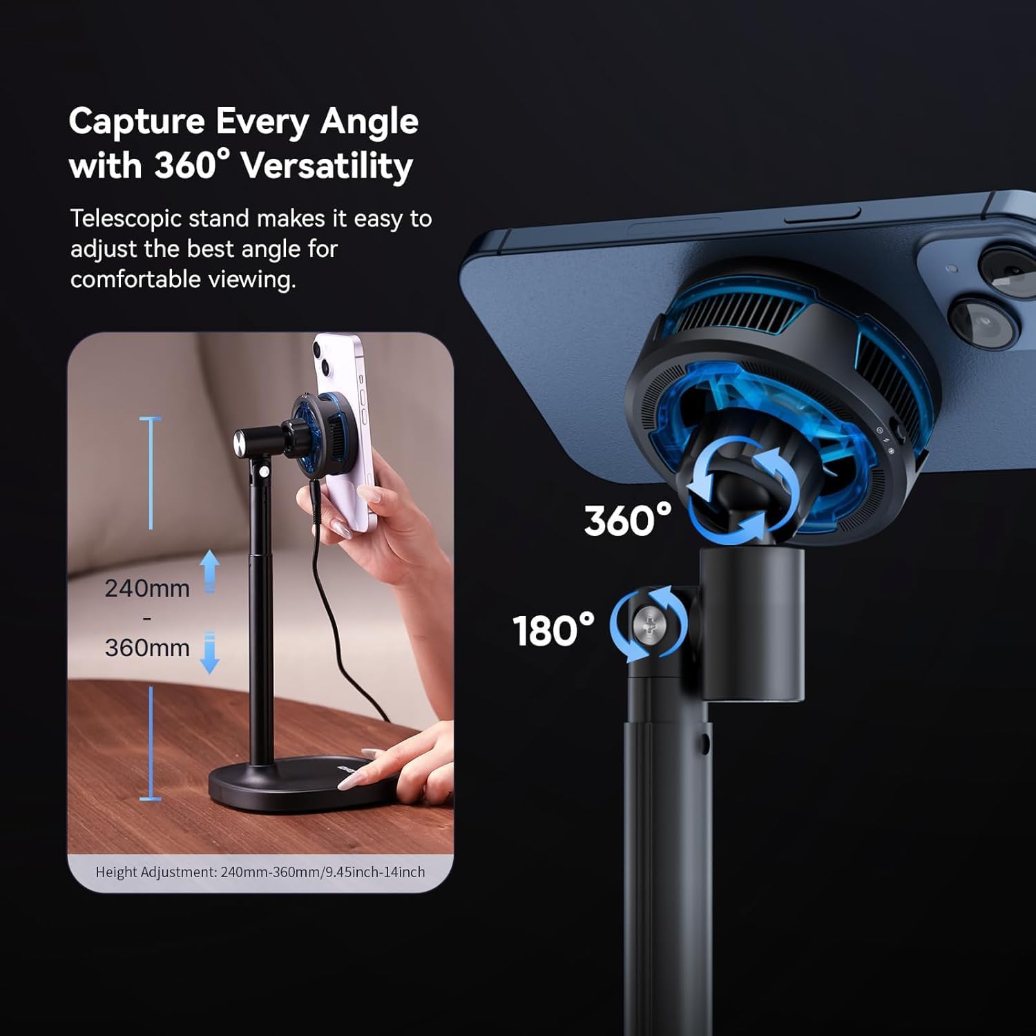 ULANZI SK-10 3-in-1 Phone Cooling Fan, Magnetic Wireless Charger Stand Compatible with iPhone 17 Pro Max, Semiconductor Cooler with Adjustable Desk Holder for Live Streaming, Gaming, Office Video Call