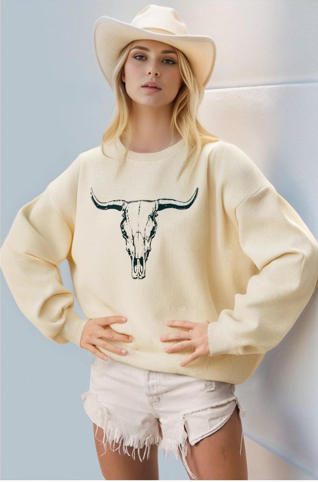 UNIQUEONE Boho Cow Skull Sweatshirt Women Cowgirl Shirt Rodeo Western Country Concert Outfits Nashville Graphic Pullover Tops