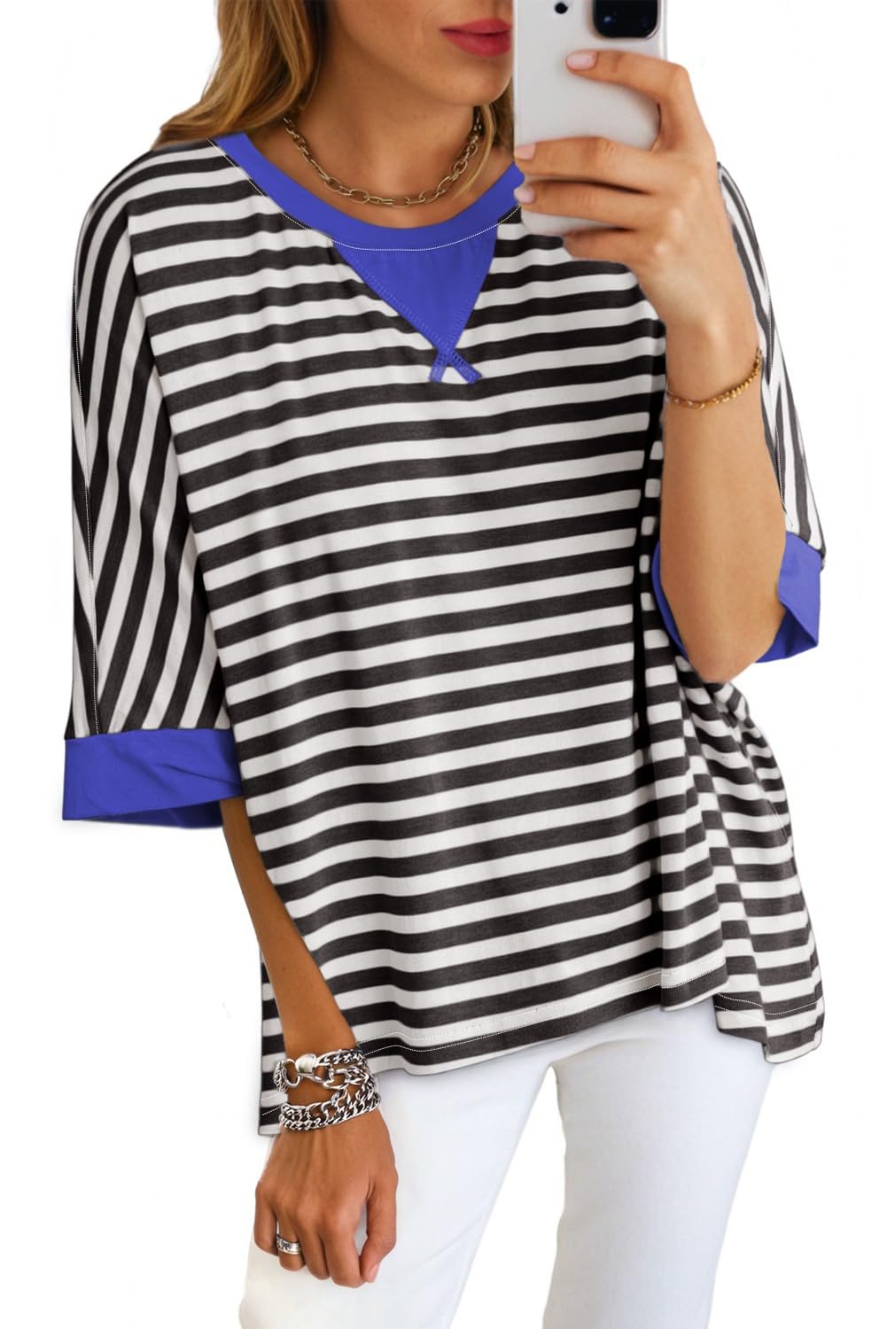 Dokotoo Tops for Women Striped 2026 Fashion T Shirts for Women Color Block Crewneck Design Loose Basic Tee