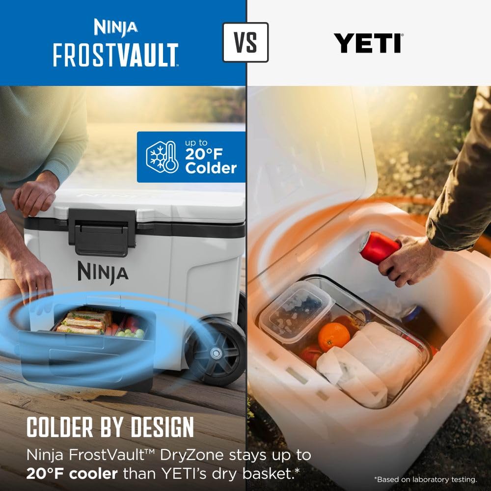 Ninja | Cooler | FrostVault 45QT Cooler with Wheels | Insulated with Temp Dry Storage Drawer | Keeps Ice Cold for Days | for the Beach, Camping, Picnics & More | Cloud White | FB245WH