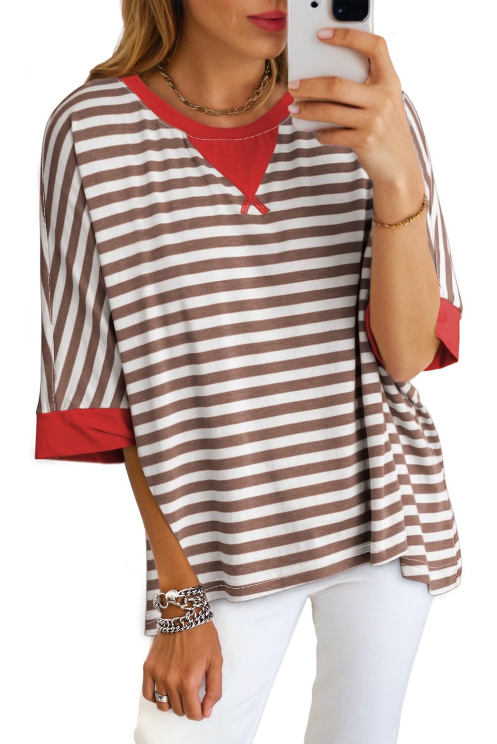 Dokotoo Tops for Women Striped 2026 Fashion T Shirts for Women Color Block Crewneck Design Loose Basic Tee