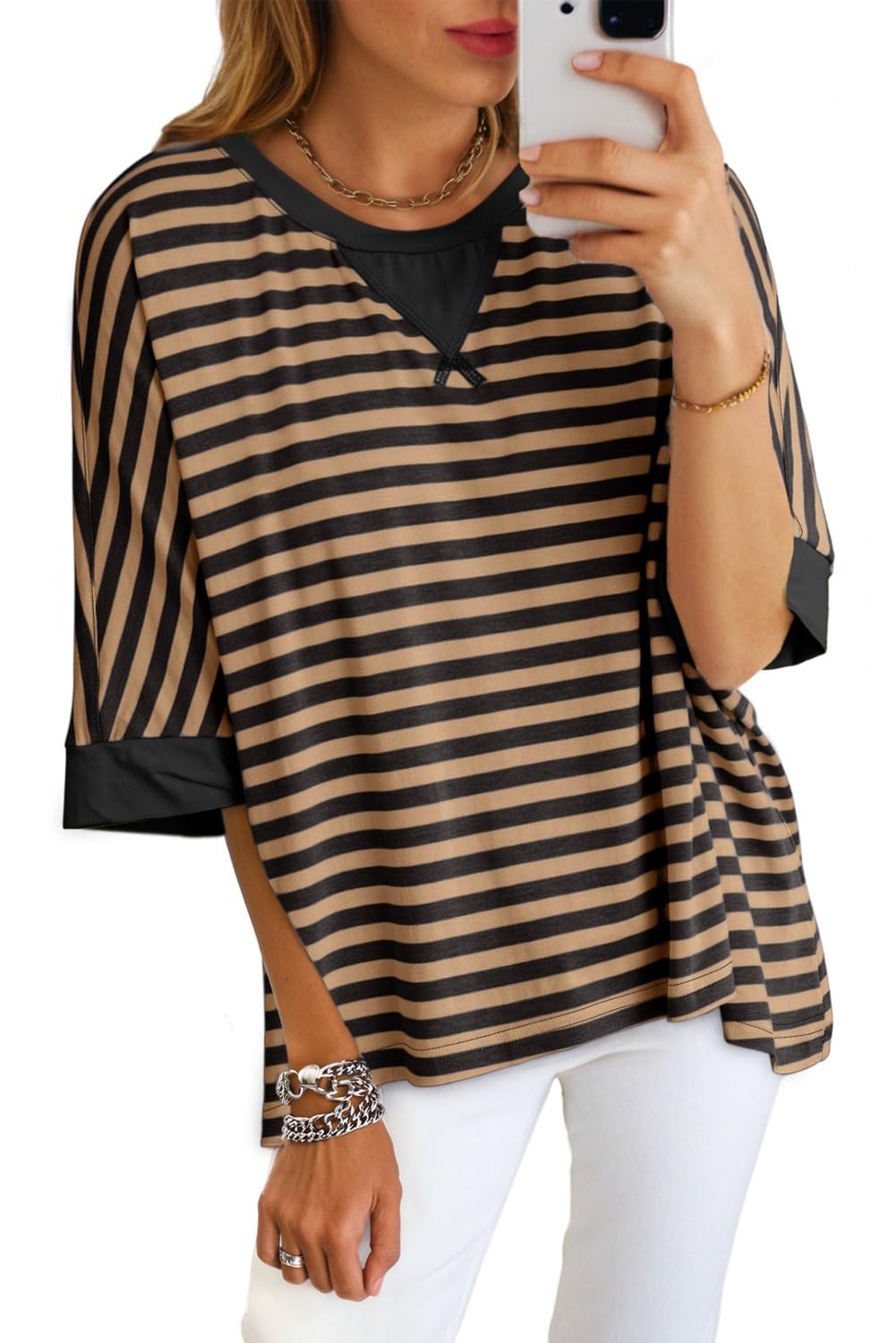 Dokotoo Tops for Women Striped 2026 Fashion T Shirts for Women Color Block Crewneck Design Loose Basic Tee