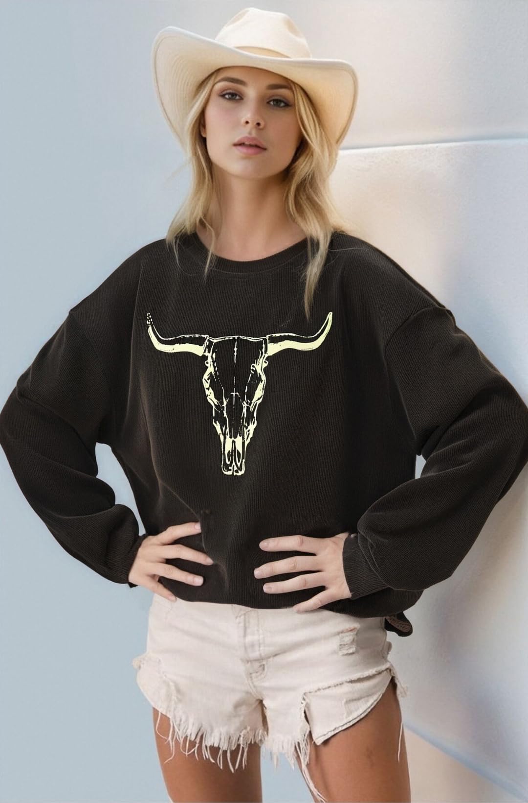 UNIQUEONE Boho Cow Skull Sweatshirt Women Cowgirl Shirt Rodeo Western Country Concert Outfits Nashville Graphic Pullover Tops