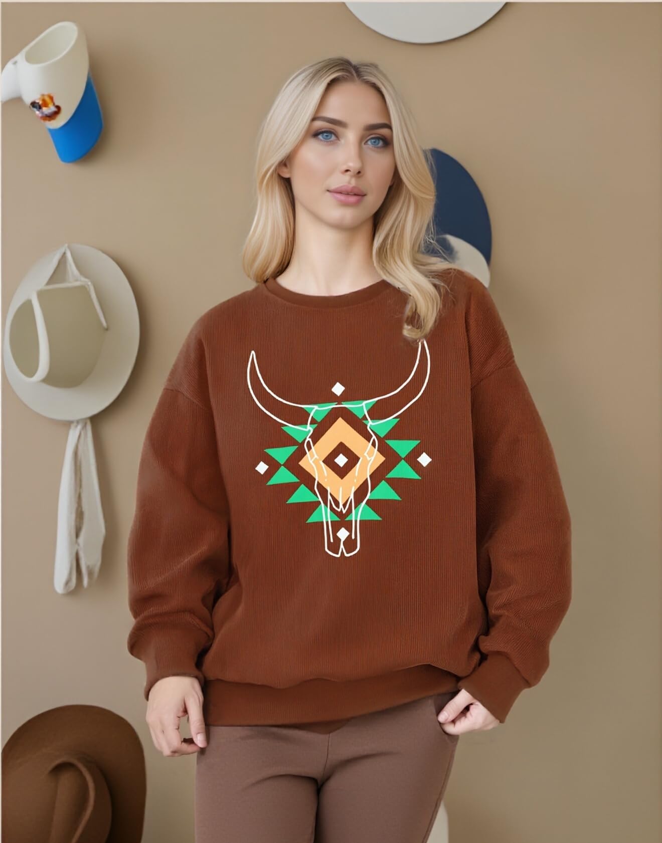 UNIQUEONE Boho Cow Skull Sweatshirt Women Cowgirl Shirt Rodeo Western Country Concert Outfits Nashville Graphic Pullover Tops
