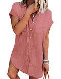 Zilcremo Women Denim Shirt Dresses Short Sleeve Distressed Jean Dress Button Down Casual Tunic Top