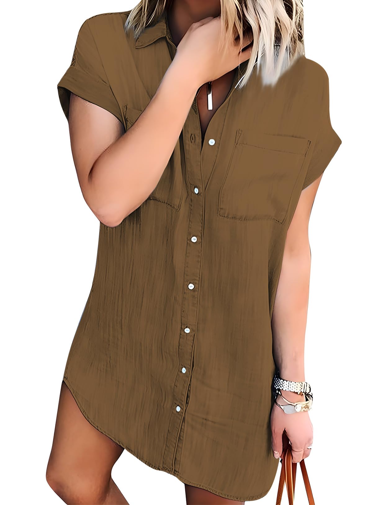 Zilcremo Women Denim Shirt Dresses Short Sleeve Distressed Jean Dress Button Down Casual Tunic Top