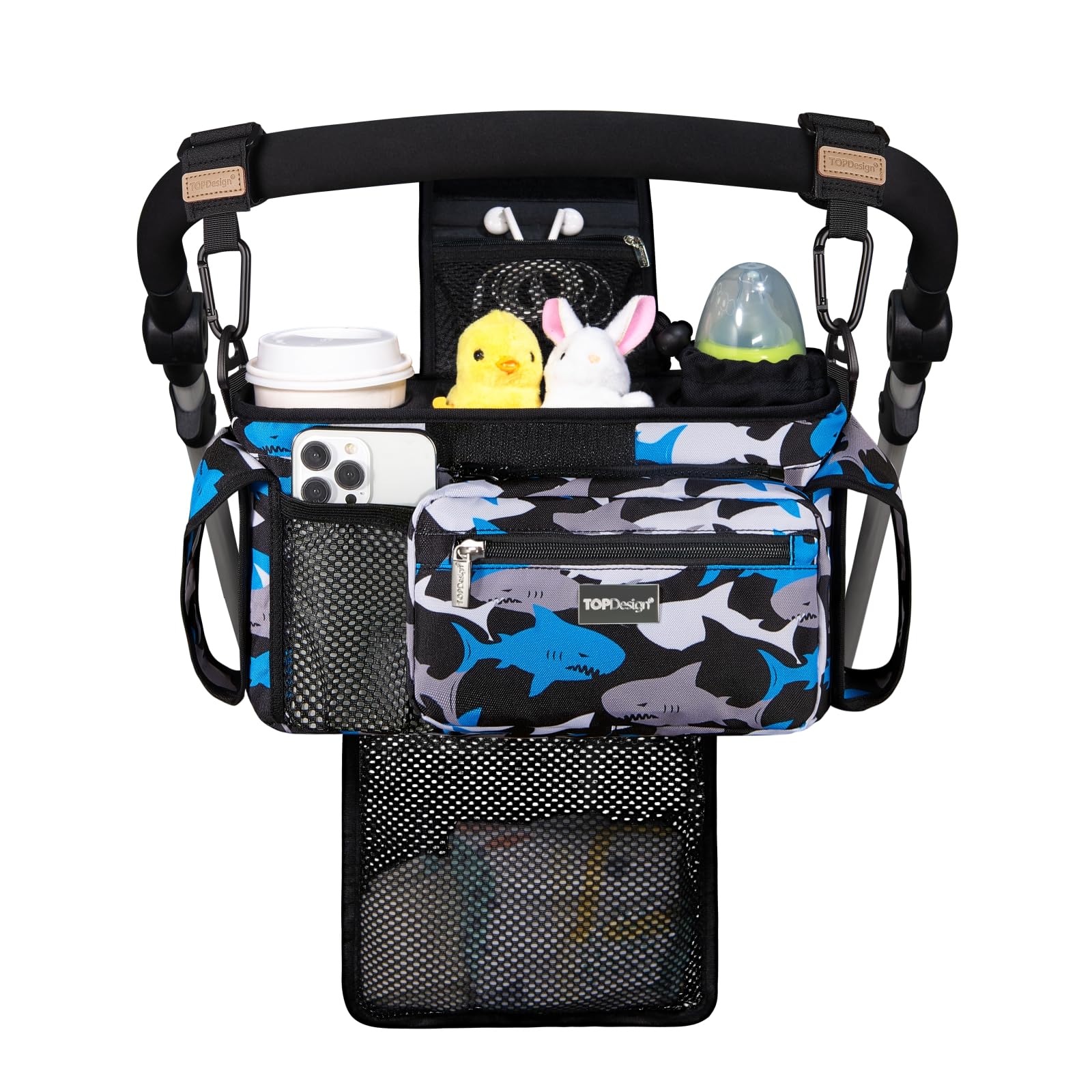 TOPDesign Universal Baby Stroller Organizer, Stroller Caddy with Detachable Mesh Bag & Heightened Insulated Cup Holders & Non-Slip Secure Hooks Accessories, Fits Most Strollers (Checkerboard)