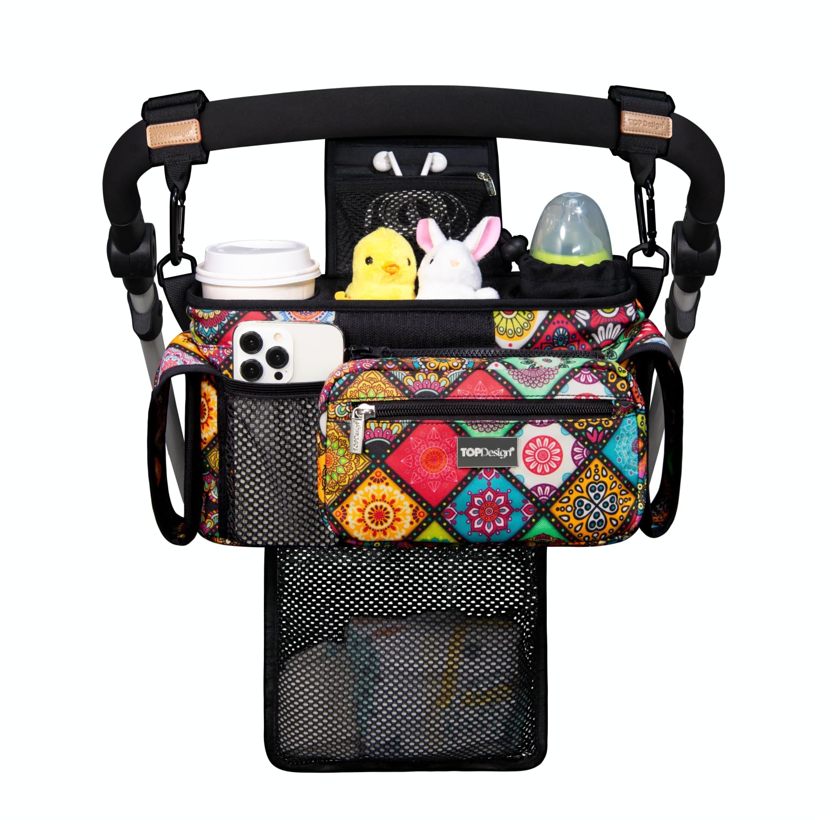 TOPDesign Universal Baby Stroller Organizer, Stroller Caddy with Detachable Mesh Bag & Heightened Insulated Cup Holders & Non-Slip Secure Hooks Accessories, Fits Most Strollers (Checkerboard)