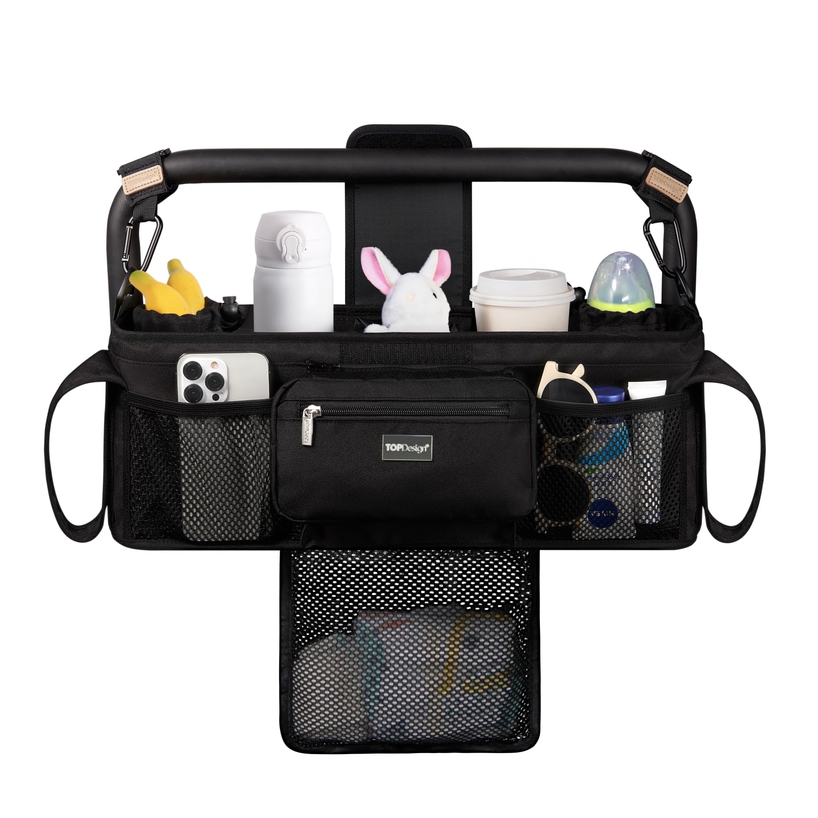TOPDesign Universal Baby Stroller Organizer, Stroller Caddy with Detachable Mesh Bag & Heightened Insulated Cup Holders & Non-Slip Secure Hooks Accessories, Fits Most Strollers (Checkerboard)