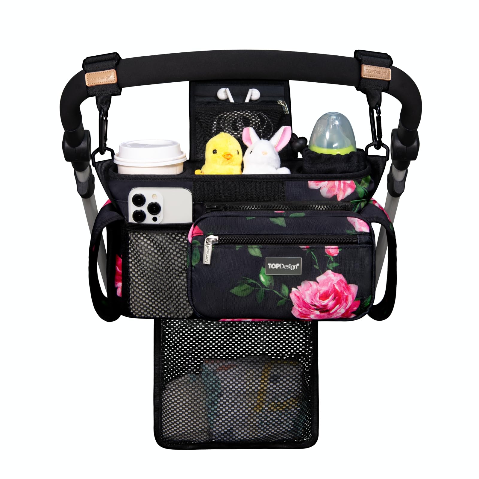TOPDesign Universal Baby Stroller Organizer, Stroller Caddy with Detachable Mesh Bag & Heightened Insulated Cup Holders & Non-Slip Secure Hooks Accessories, Fits Most Strollers (Checkerboard)