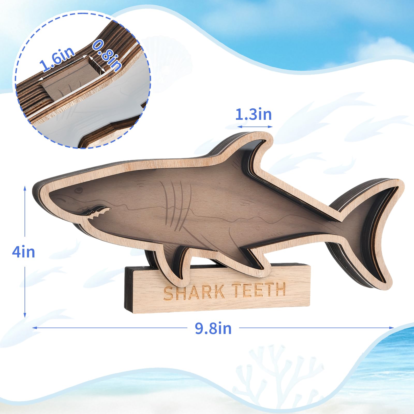 FoldTier Shark Tooth Display Case with Light 9.8 in Wooden Shark Teeth Holder Shadow Box Sharks Stuff Gift for Collectors Lovers Son Grandson Vacation Ocean Beach Home Decor