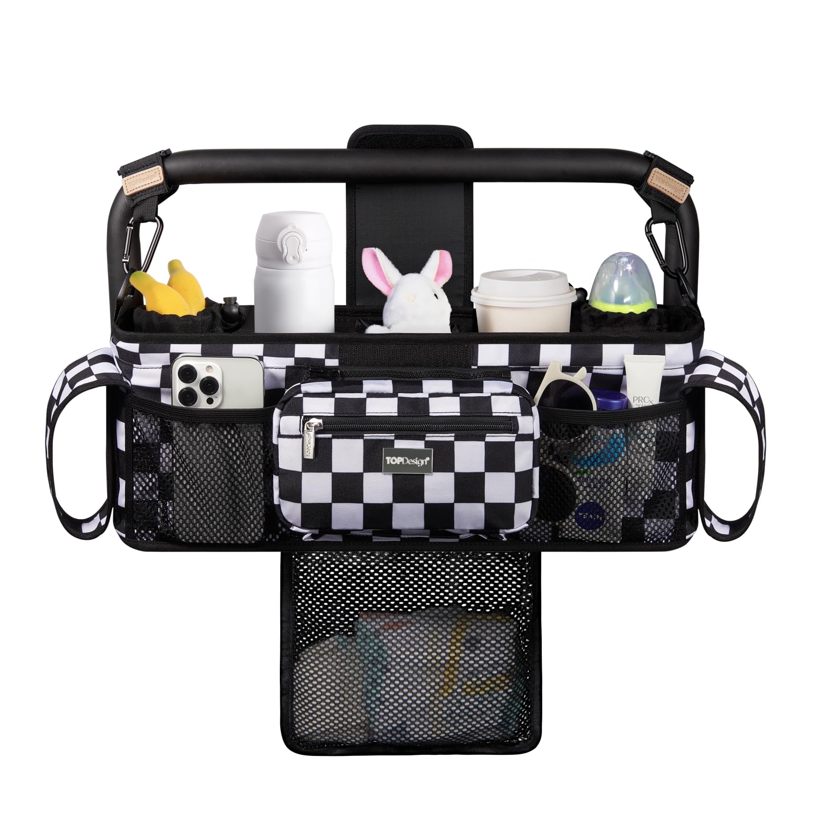 TOPDesign Universal Baby Stroller Organizer, Stroller Caddy with Detachable Mesh Bag & Heightened Insulated Cup Holders & Non-Slip Secure Hooks Accessories, Fits Most Strollers (Checkerboard)