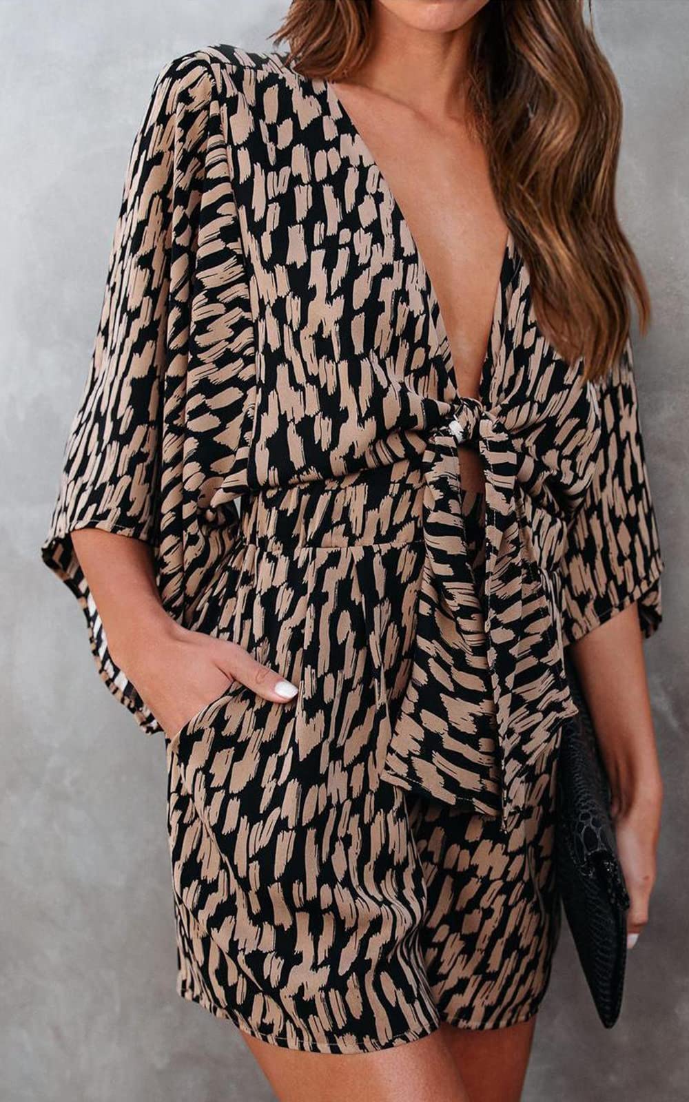 PRETTYGARDEN Women's Leopard Print Shorts Jumpsuit Wrap V Neck 3/4 Sleeve Casual Loose Oversized Romper With Pockets