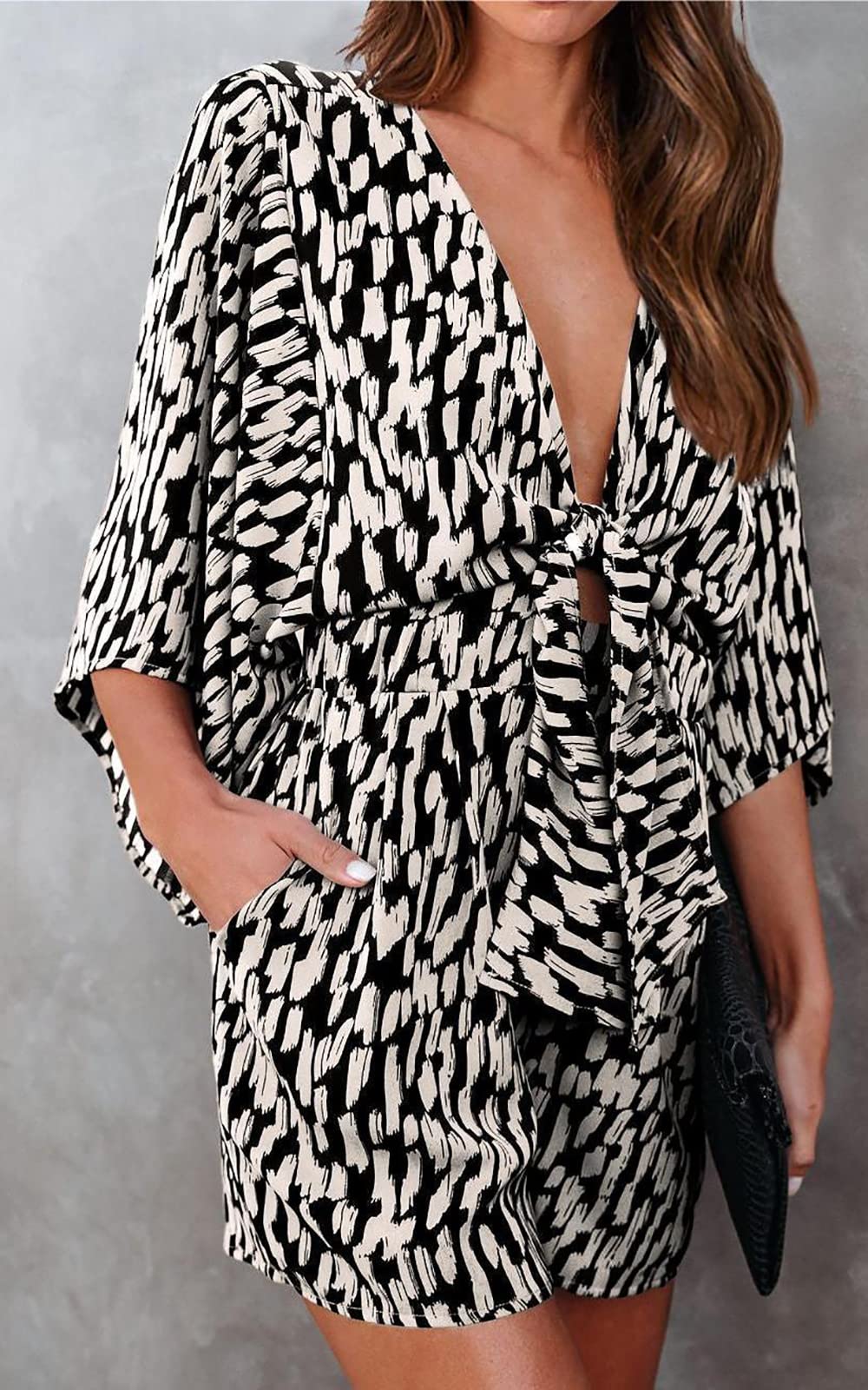 PRETTYGARDEN Women's Leopard Print Shorts Jumpsuit Wrap V Neck 3/4 Sleeve Casual Loose Oversized Romper With Pockets
