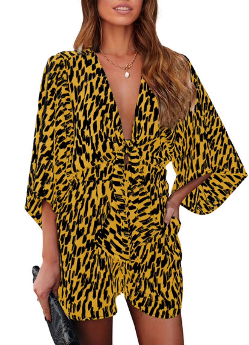 PRETTYGARDEN Women's Leopard Print Shorts Jumpsuit Wrap V Neck 3/4 Sleeve Casual Loose Oversized Romper With Pockets