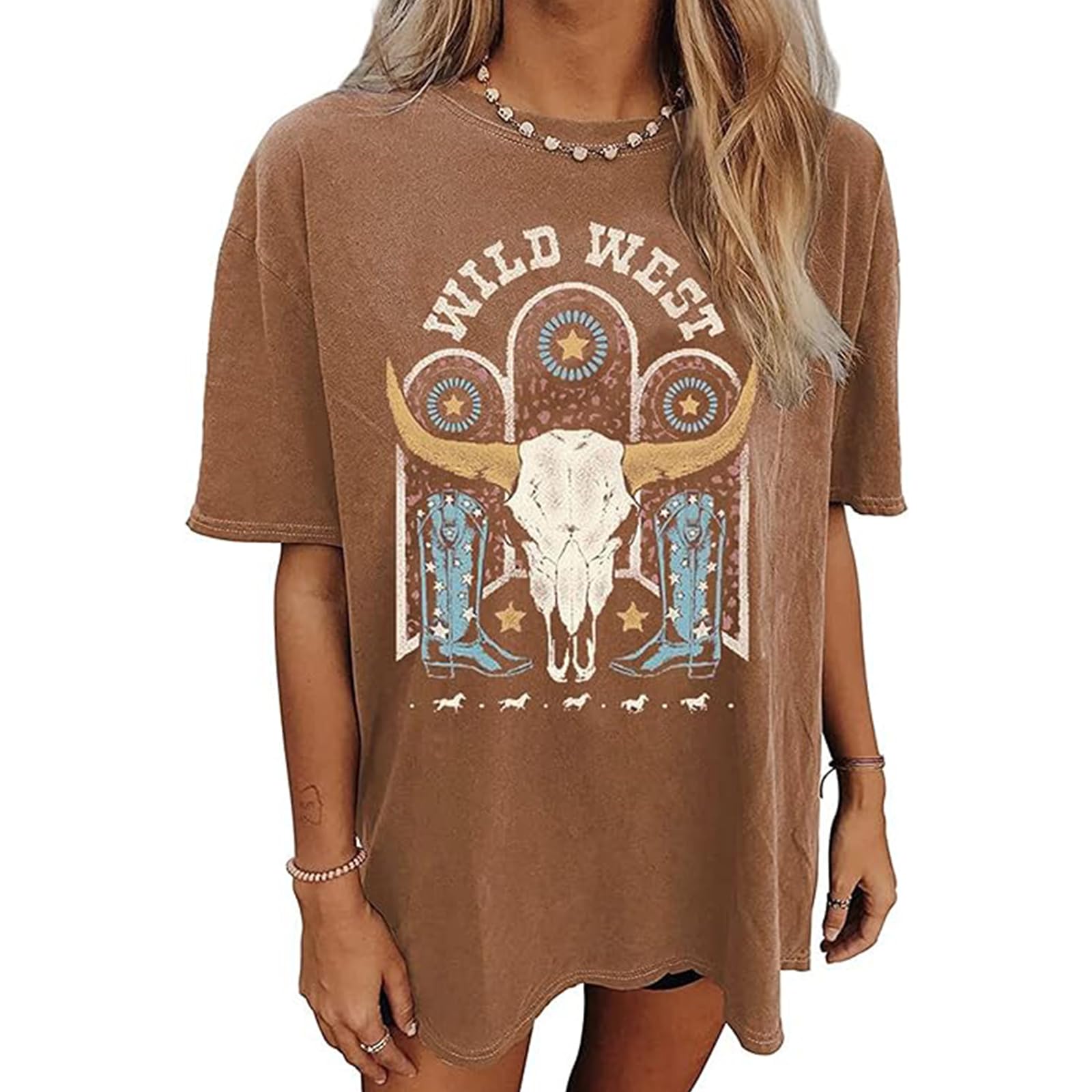 Women's Western Cowboy Shirts Vintage Rodeo Graphic Oversized Tops Cowgirl T-Shirt Rodeo Shirts for Women