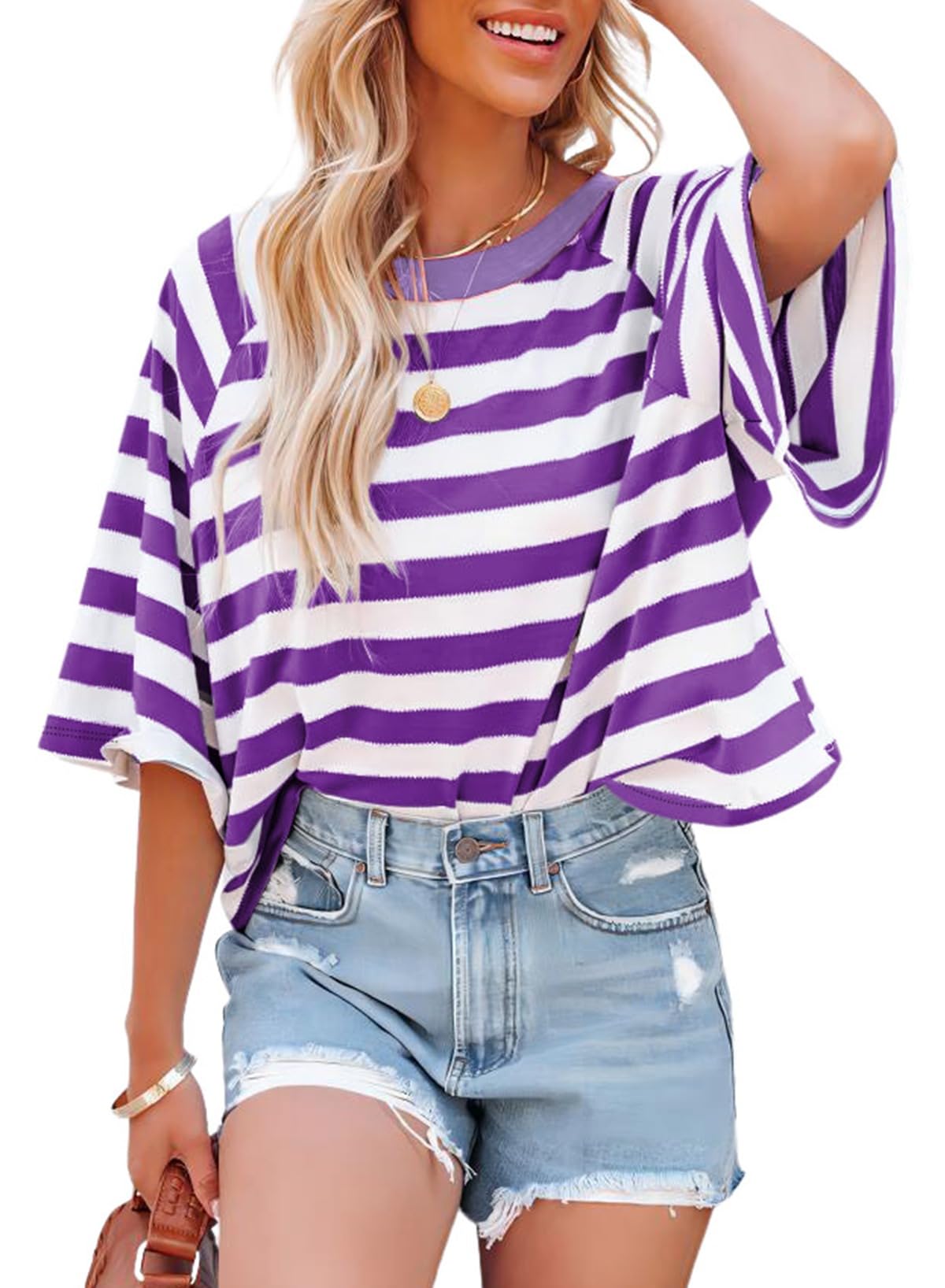 Dokotoo Tops for Women Striped 2026 Fashion T Shirts for Women Color Block Crewneck Design Loose Basic Tee