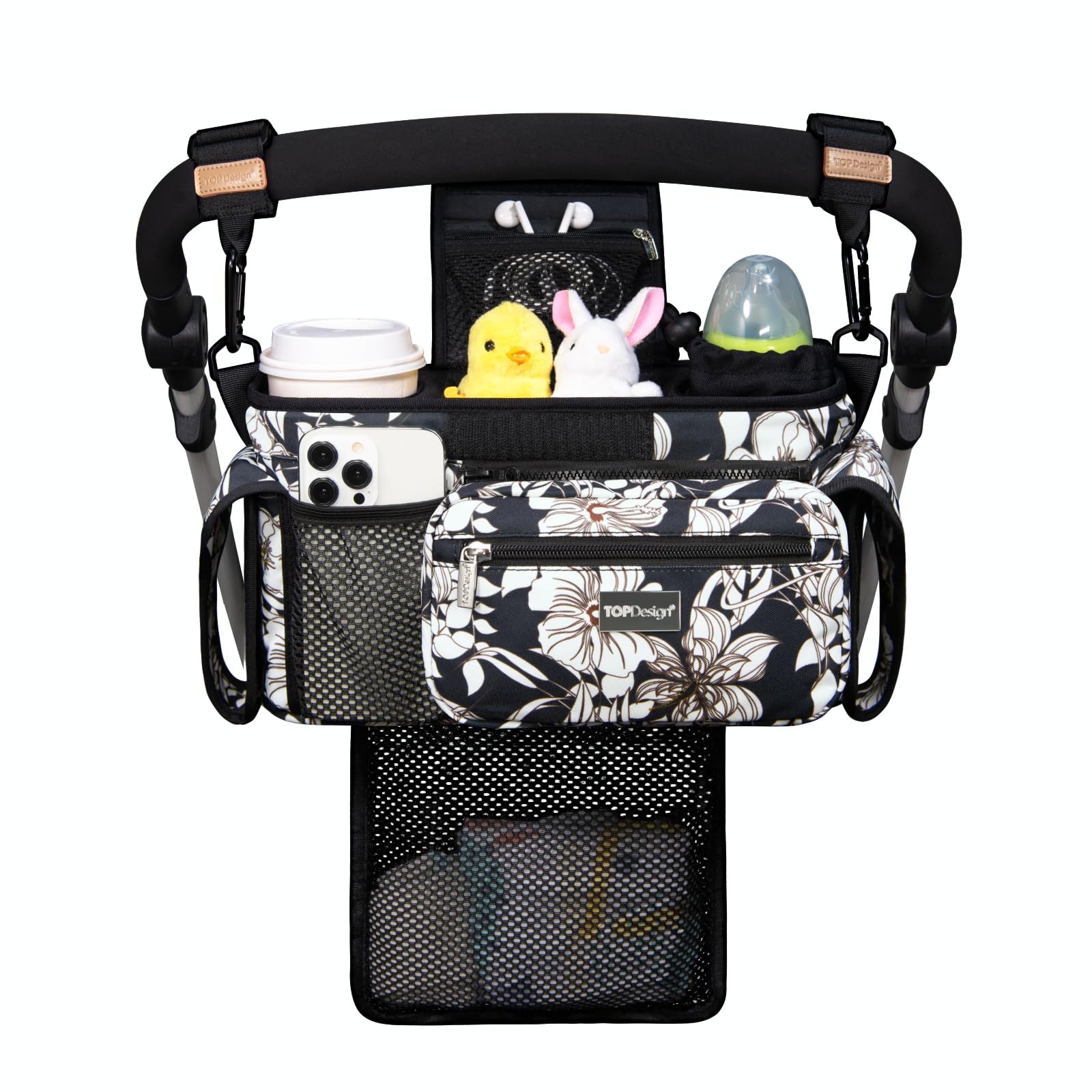 TOPDesign Universal Baby Stroller Organizer, Stroller Caddy with Detachable Mesh Bag & Heightened Insulated Cup Holders & Non-Slip Secure Hooks Accessories, Fits Most Strollers (Checkerboard)