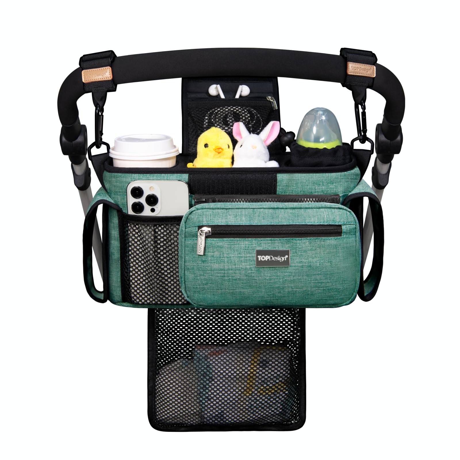 TOPDesign Universal Baby Stroller Organizer, Stroller Caddy with Detachable Mesh Bag & Heightened Insulated Cup Holders & Non-Slip Secure Hooks Accessories, Fits Most Strollers (Checkerboard)