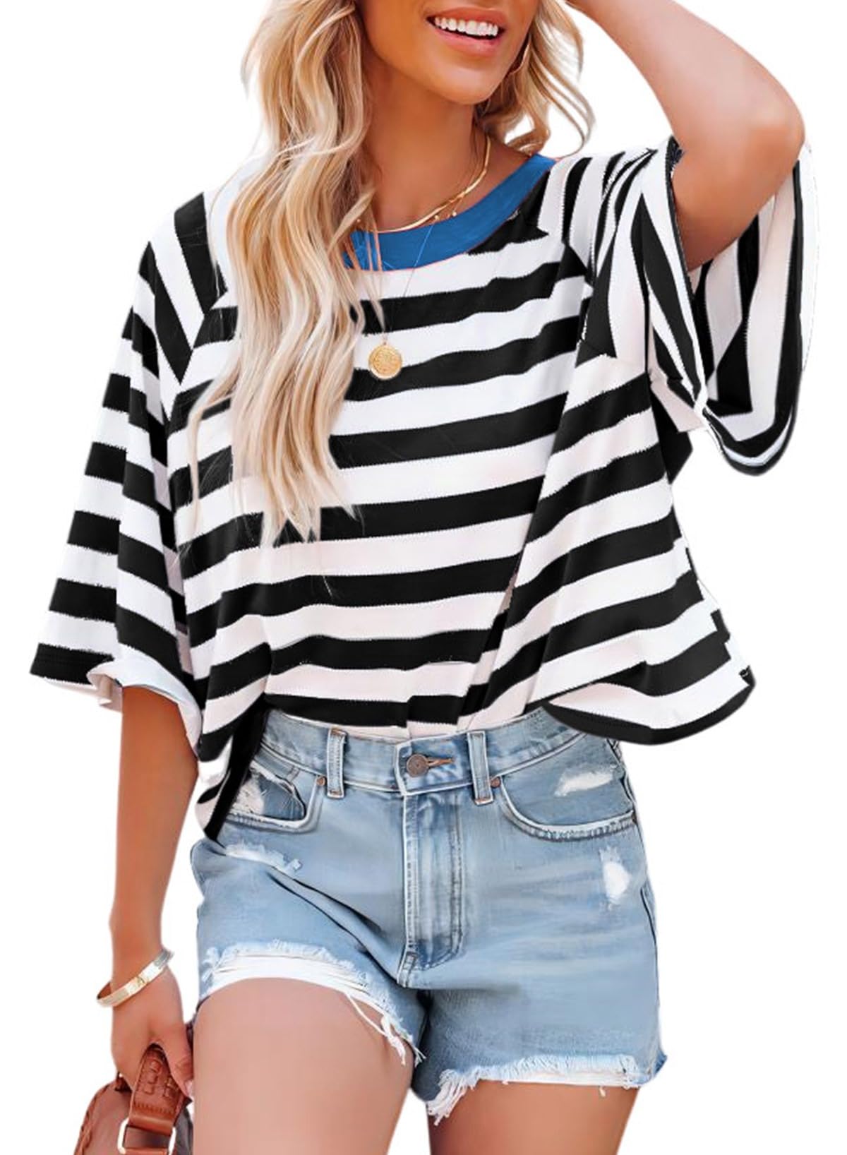 Dokotoo Tops for Women Striped 2026 Fashion T Shirts for Women Color Block Crewneck Design Loose Basic Tee