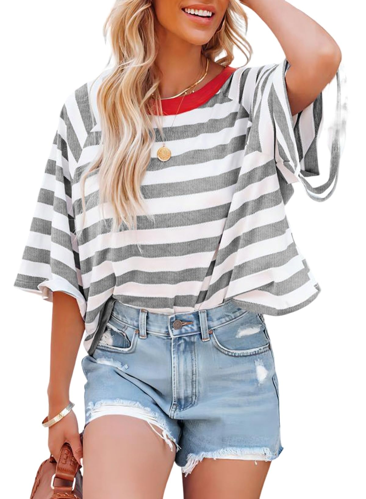Dokotoo Tops for Women Striped 2026 Fashion T Shirts for Women Color Block Crewneck Design Loose Basic Tee