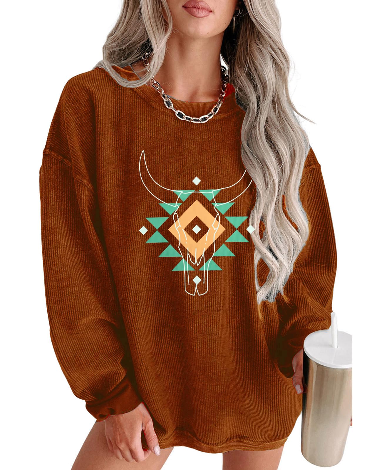UNIQUEONE Boho Cow Skull Sweatshirt Women Cowgirl Shirt Rodeo Western Country Concert Outfits Nashville Graphic Pullover Tops