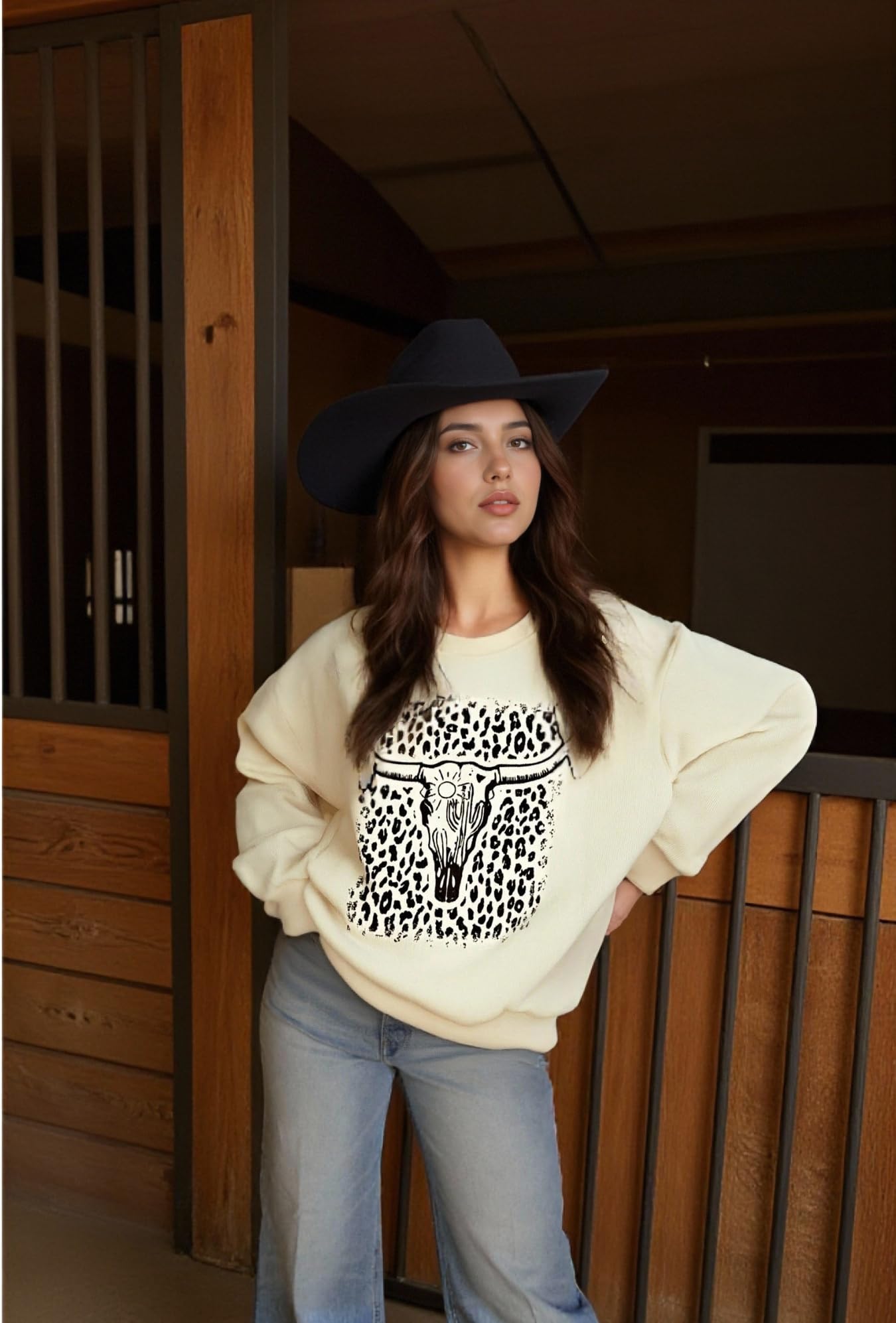 UNIQUEONE Boho Cow Skull Sweatshirt Women Cowgirl Shirt Rodeo Western Country Concert Outfits Nashville Graphic Pullover Tops