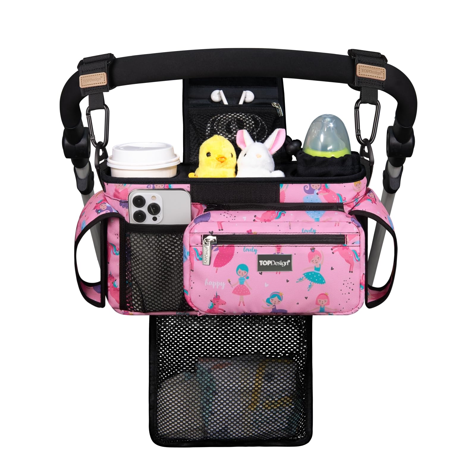 TOPDesign Universal Baby Stroller Organizer, Stroller Caddy with Detachable Mesh Bag & Heightened Insulated Cup Holders & Non-Slip Secure Hooks Accessories, Fits Most Strollers (Checkerboard)