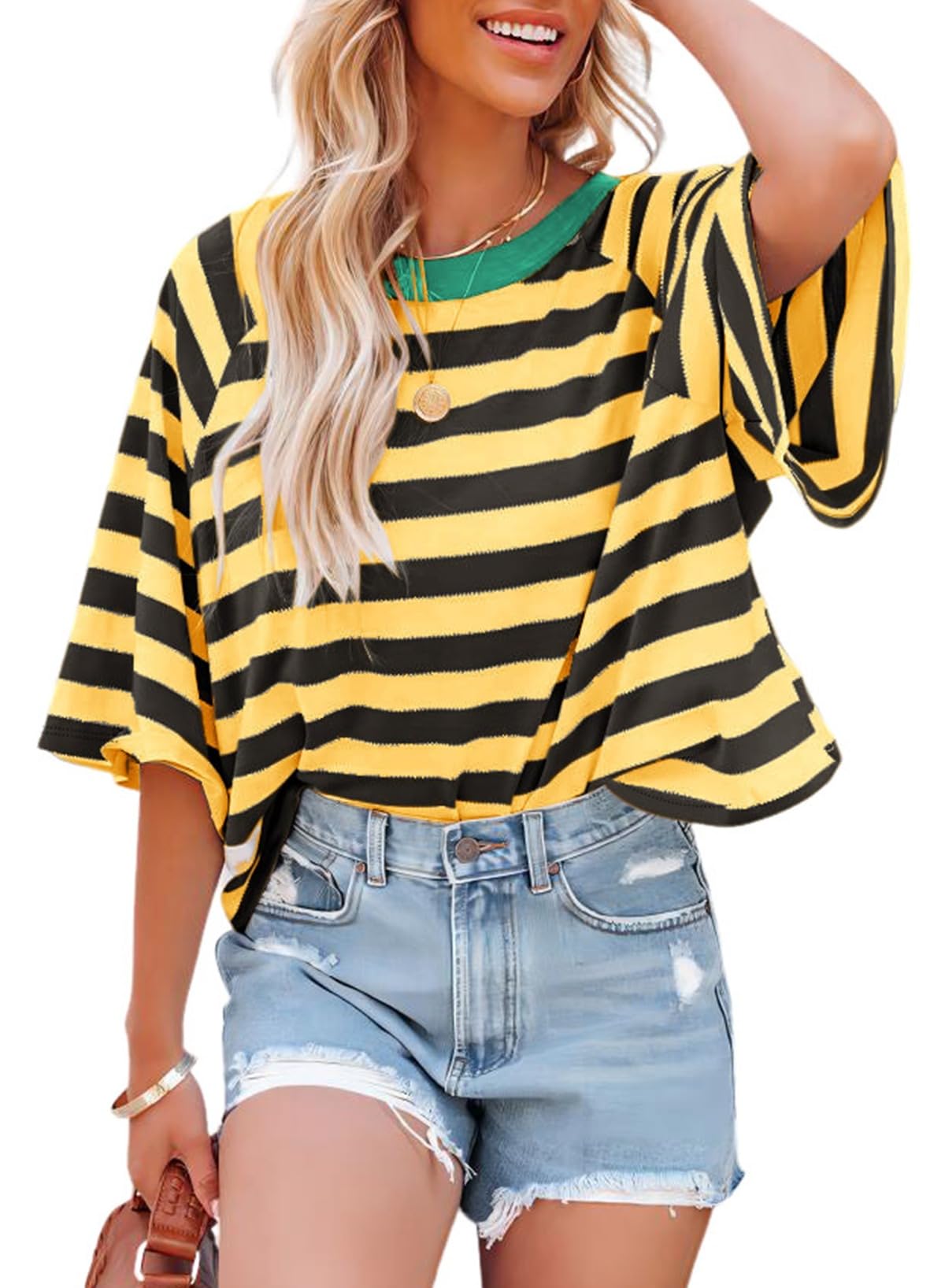 Dokotoo Tops for Women Striped 2026 Fashion T Shirts for Women Color Block Crewneck Design Loose Basic Tee