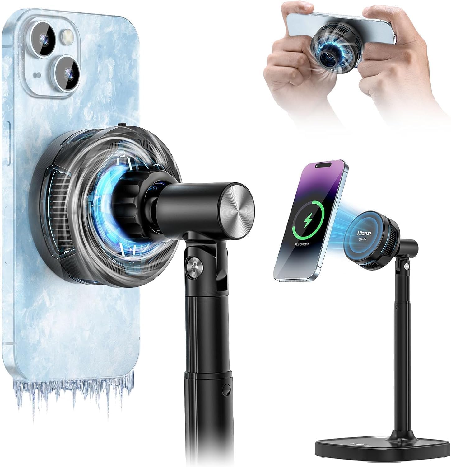 ULANZI SK-10 3-in-1 Phone Cooling Fan, Magnetic Wireless Charger Stand Compatible with iPhone 17 Pro Max, Semiconductor Cooler with Adjustable Desk Holder for Live Streaming, Gaming, Office Video Call