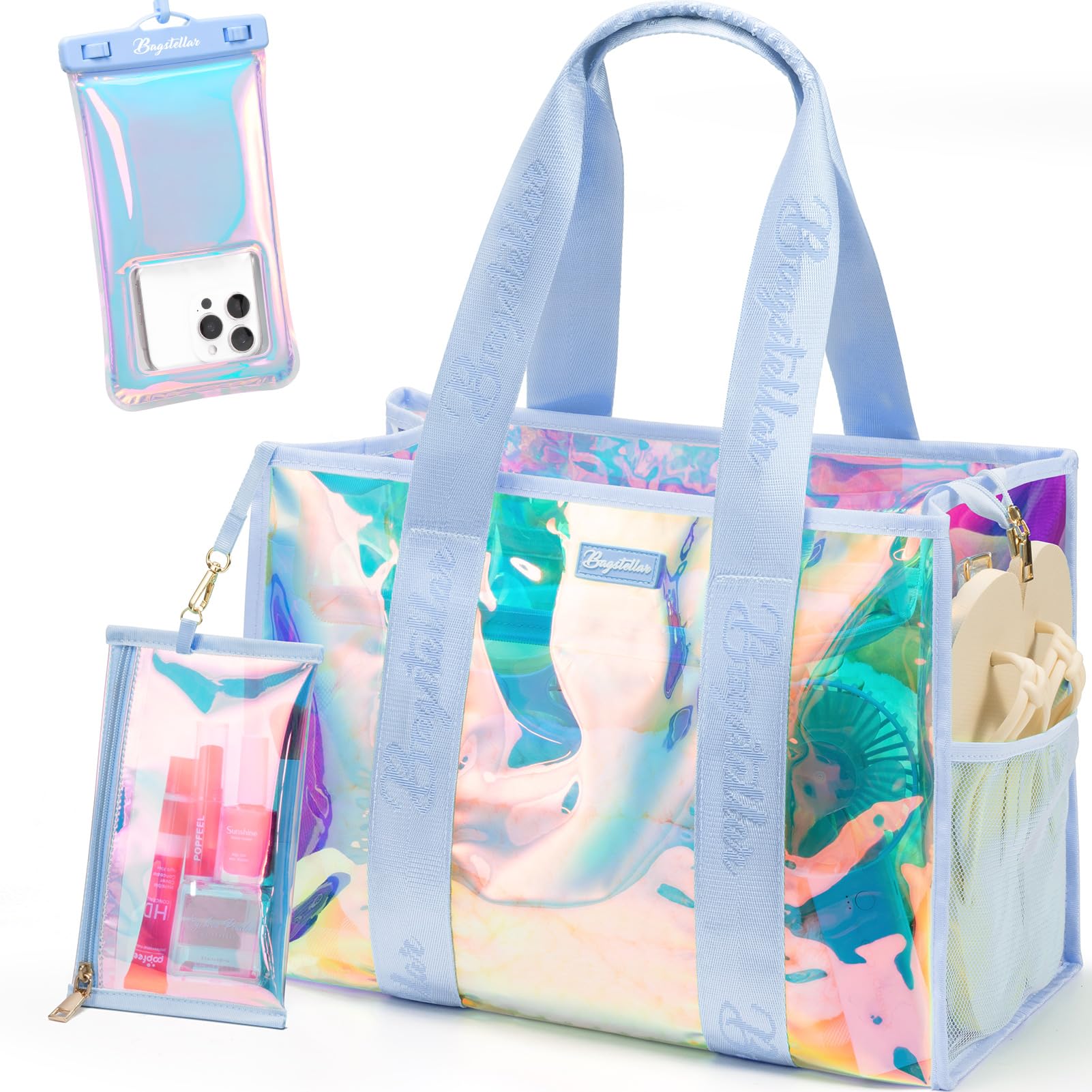 Bagstellar Iridescent Beach Tote Bags for Women, Large Zipper Beach Pool Swim Bag with Makeup Bag & Waterproof Phone Pouch | Waterproof Sandproof