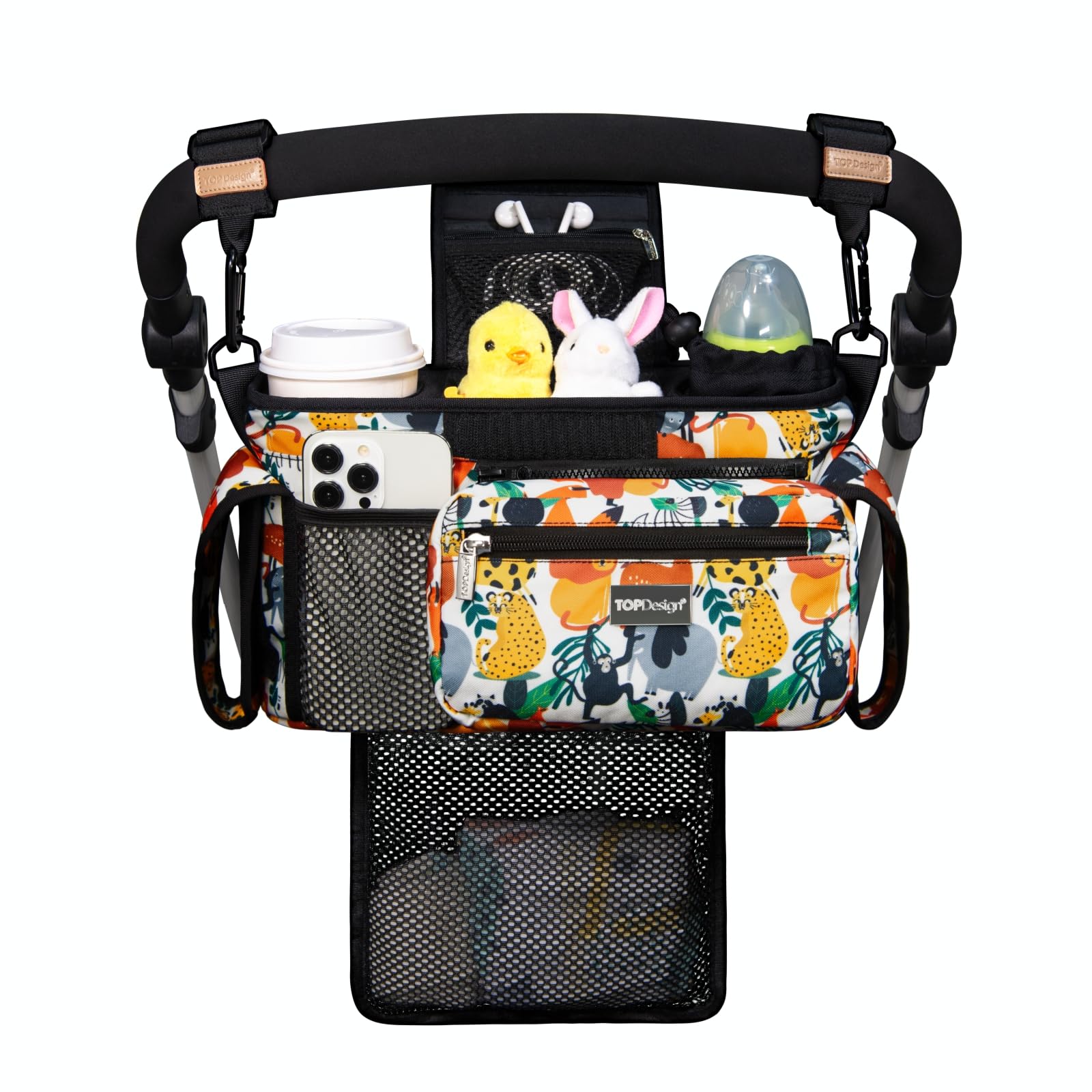 TOPDesign Universal Baby Stroller Organizer, Stroller Caddy with Detachable Mesh Bag & Heightened Insulated Cup Holders & Non-Slip Secure Hooks Accessories, Fits Most Strollers (Checkerboard)