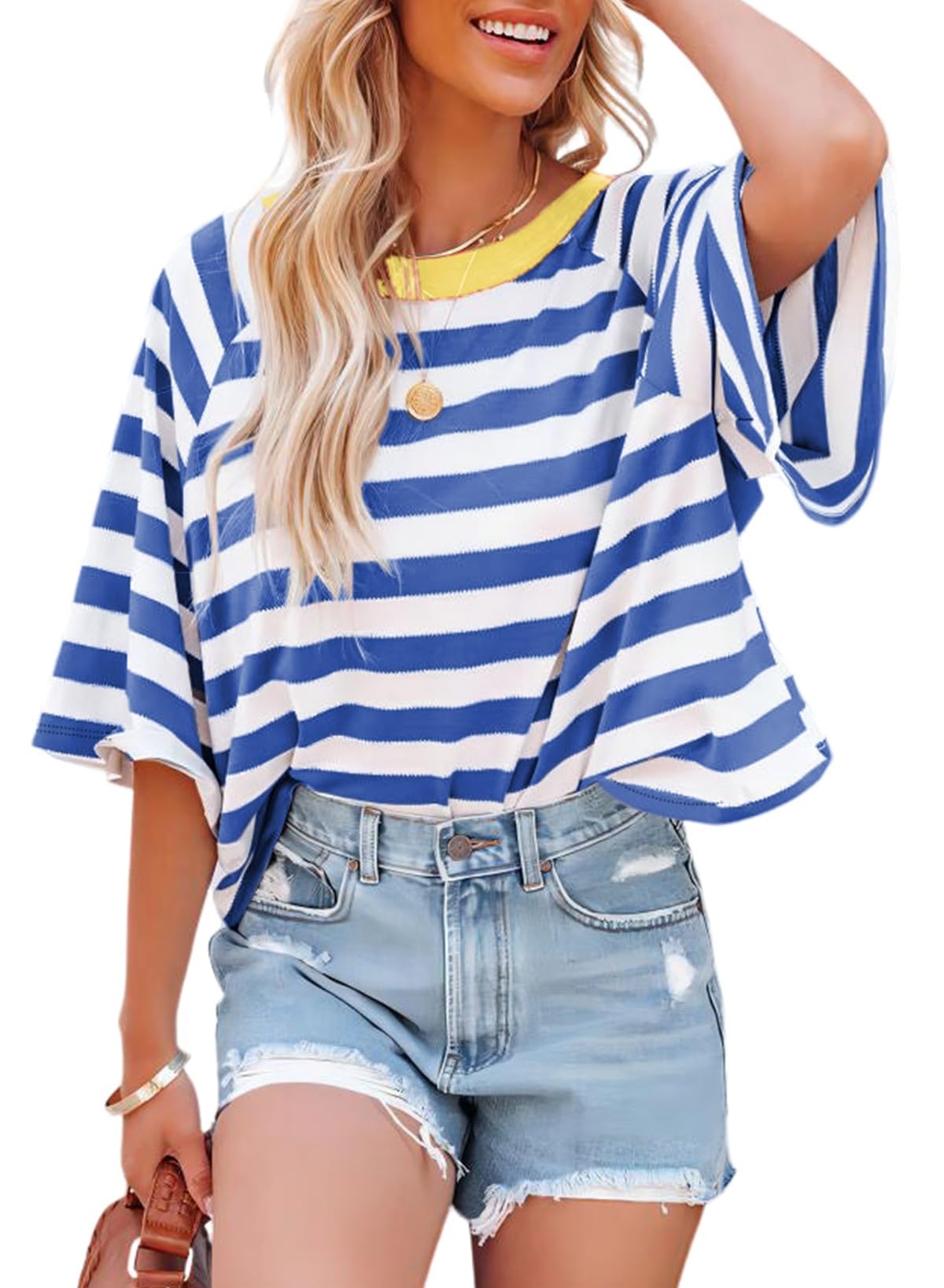 Dokotoo Tops for Women Striped 2026 Fashion T Shirts for Women Color Block Crewneck Design Loose Basic Tee