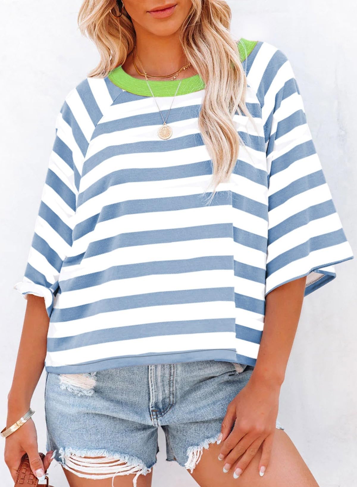 Dokotoo Tops for Women Striped 2026 Fashion T Shirts for Women Color Block Crewneck Design Loose Basic Tee