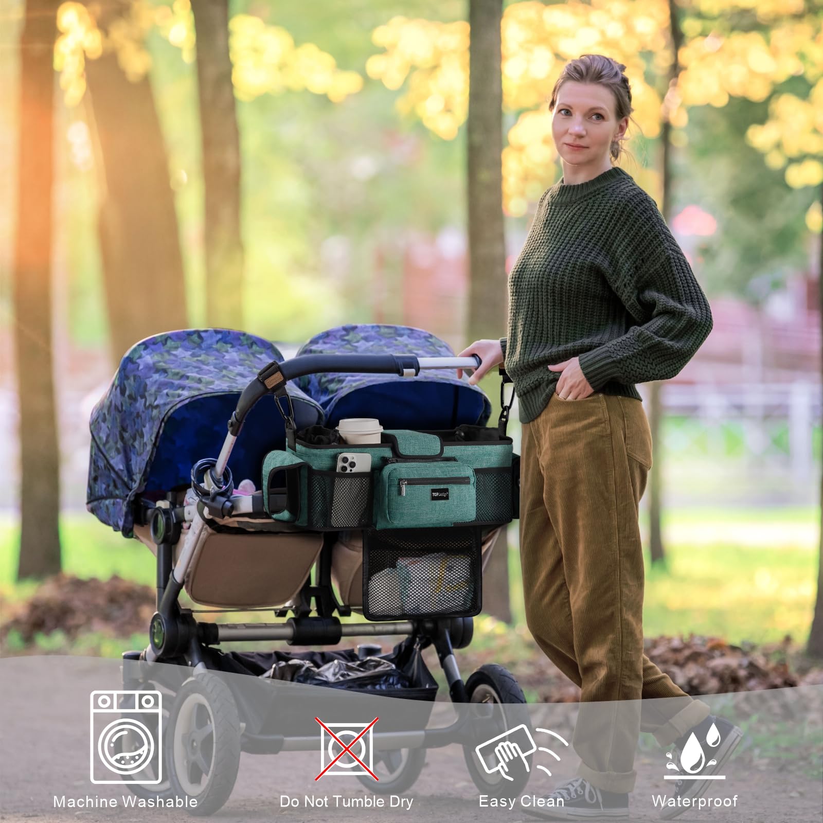 TOPDesign Universal Baby Stroller Organizer, Stroller Caddy with Detachable Mesh Bag & Heightened Insulated Cup Holders & Non-Slip Secure Hooks Accessories, Fits Most Strollers (Checkerboard)