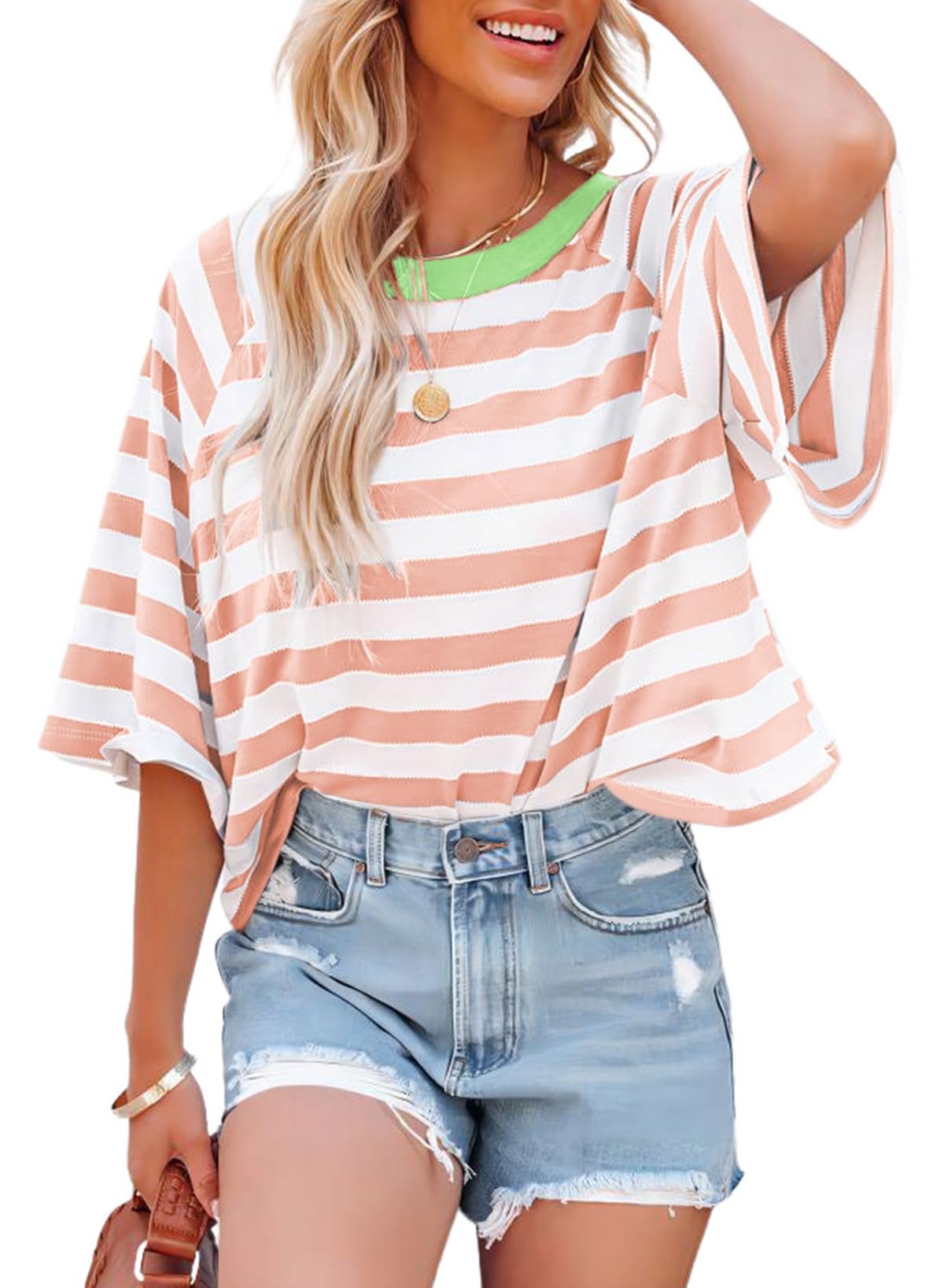 Dokotoo Tops for Women Striped 2026 Fashion T Shirts for Women Color Block Crewneck Design Loose Basic Tee