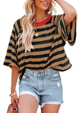Dokotoo Tops for Women Striped 2026 Fashion T Shirts for Women Color Block Crewneck Design Loose Basic Tee