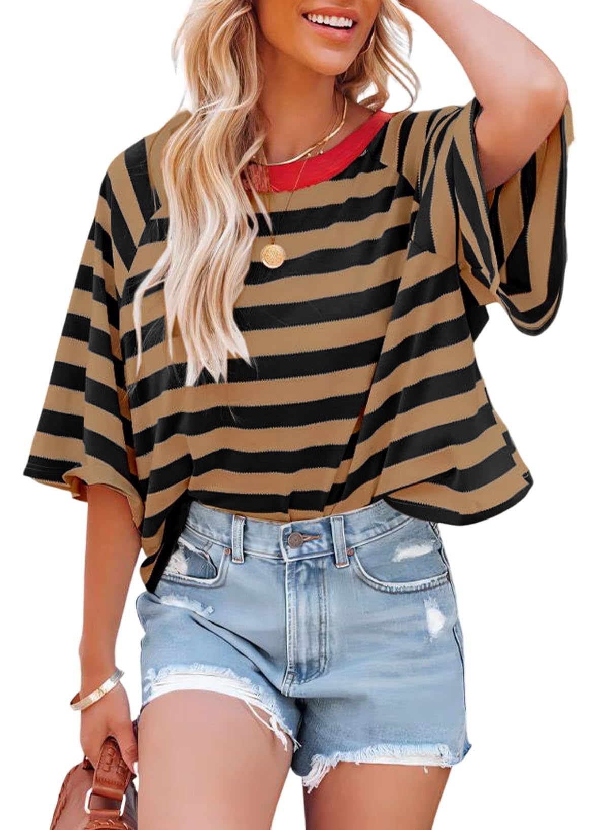 Dokotoo Tops for Women Striped 2026 Fashion T Shirts for Women Color Block Crewneck Design Loose Basic Tee