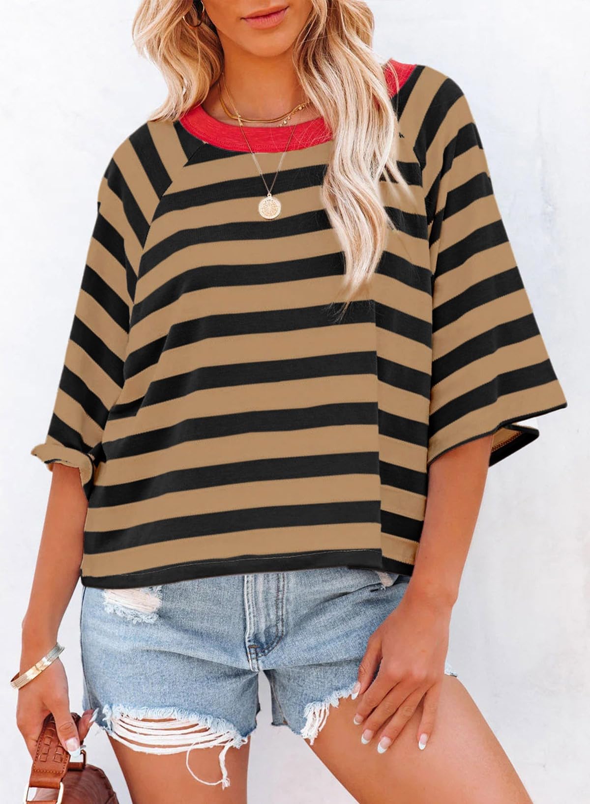 Dokotoo Tops for Women Striped 2026 Fashion T Shirts for Women Color Block Crewneck Design Loose Basic Tee