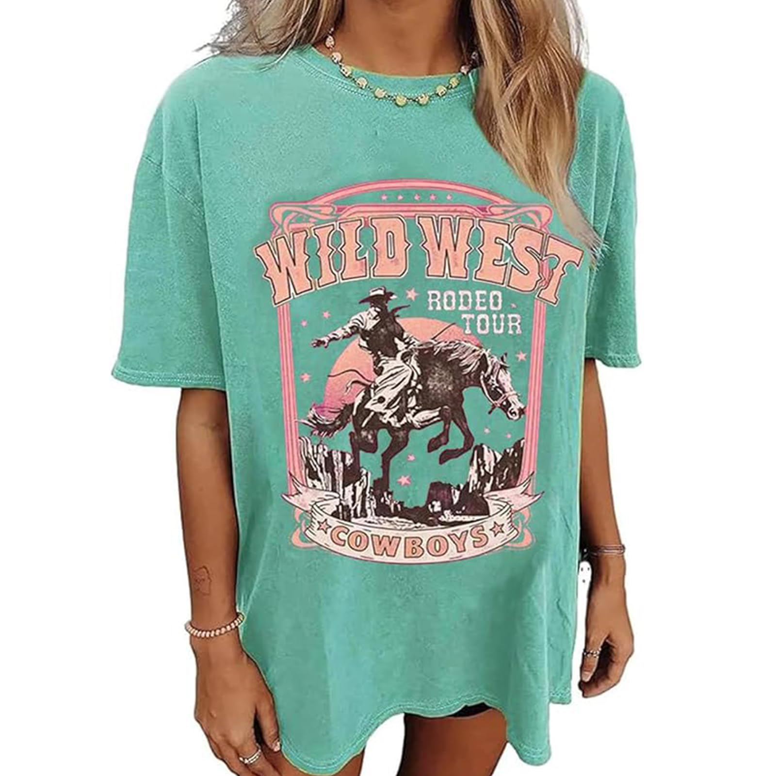 Women's Western Cowboy Shirts Vintage Rodeo Graphic Oversized Tops Cowgirl T-Shirt Rodeo Shirts for Women