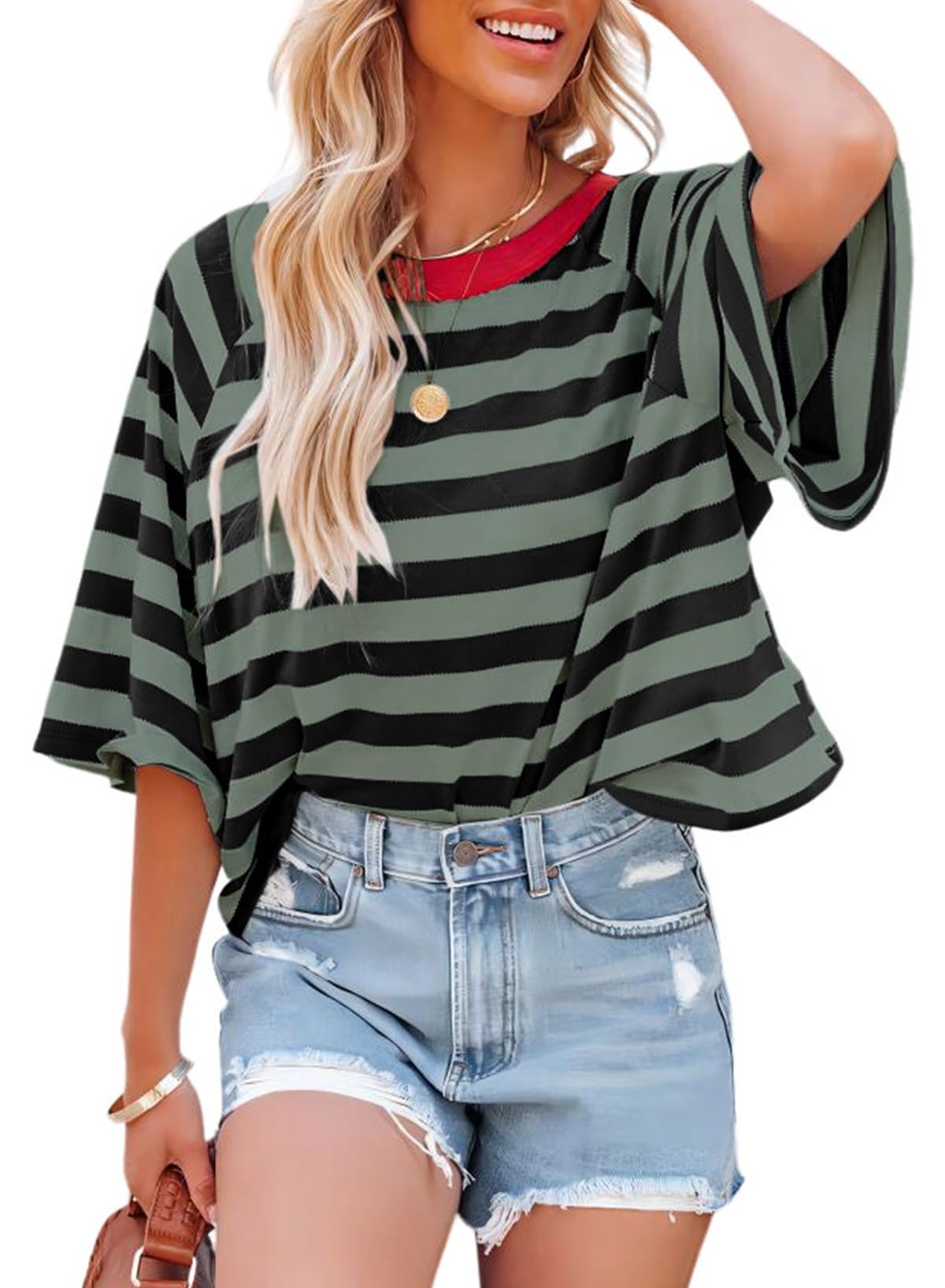 Dokotoo Tops for Women Striped 2026 Fashion T Shirts for Women Color Block Crewneck Design Loose Basic Tee