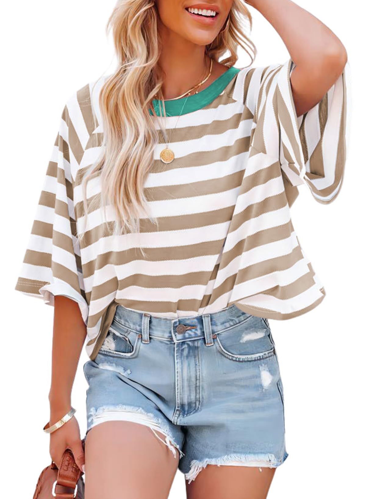 Dokotoo Tops for Women Striped 2026 Fashion T Shirts for Women Color Block Crewneck Design Loose Basic Tee