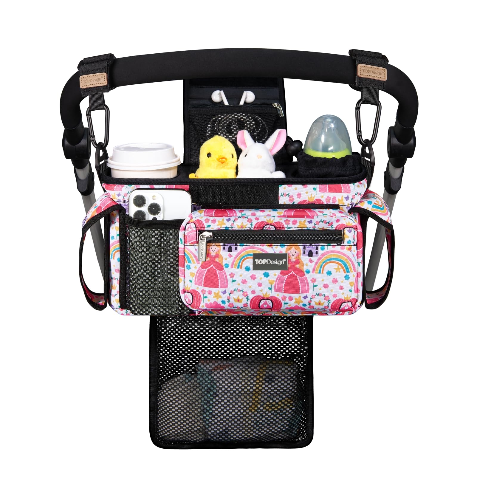 TOPDesign Universal Baby Stroller Organizer, Stroller Caddy with Detachable Mesh Bag & Heightened Insulated Cup Holders & Non-Slip Secure Hooks Accessories, Fits Most Strollers (Checkerboard)