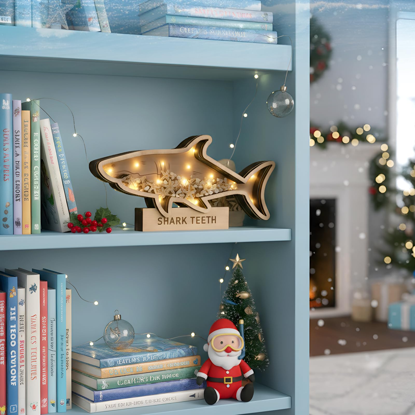FoldTier Shark Tooth Display Case with Light 9.8 in Wooden Shark Teeth Holder Shadow Box Sharks Stuff Gift for Collectors Lovers Son Grandson Vacation Ocean Beach Home Decor