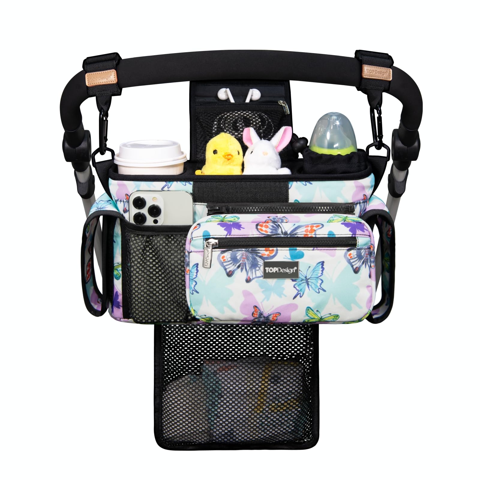 TOPDesign Universal Baby Stroller Organizer, Stroller Caddy with Detachable Mesh Bag & Heightened Insulated Cup Holders & Non-Slip Secure Hooks Accessories, Fits Most Strollers (Checkerboard)