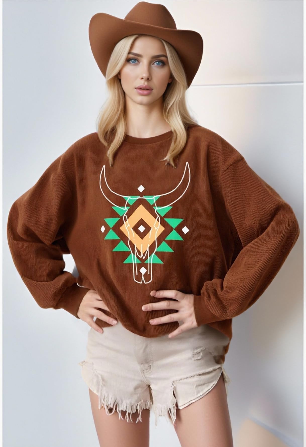 UNIQUEONE Boho Cow Skull Sweatshirt Women Cowgirl Shirt Rodeo Western Country Concert Outfits Nashville Graphic Pullover Tops