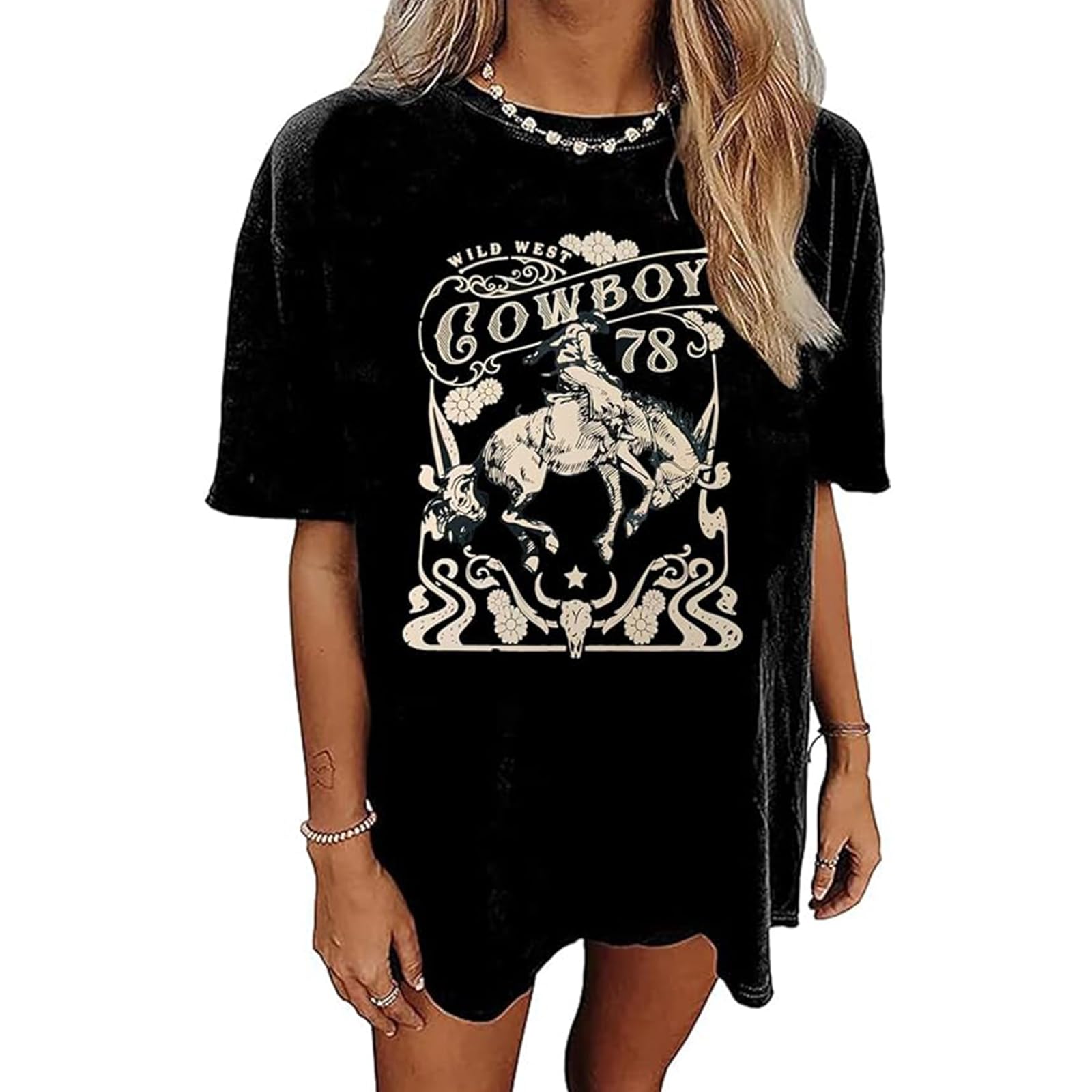 Women's Western Cowboy Shirts Vintage Rodeo Graphic Oversized Tops Cowgirl T-Shirt Rodeo Shirts for Women