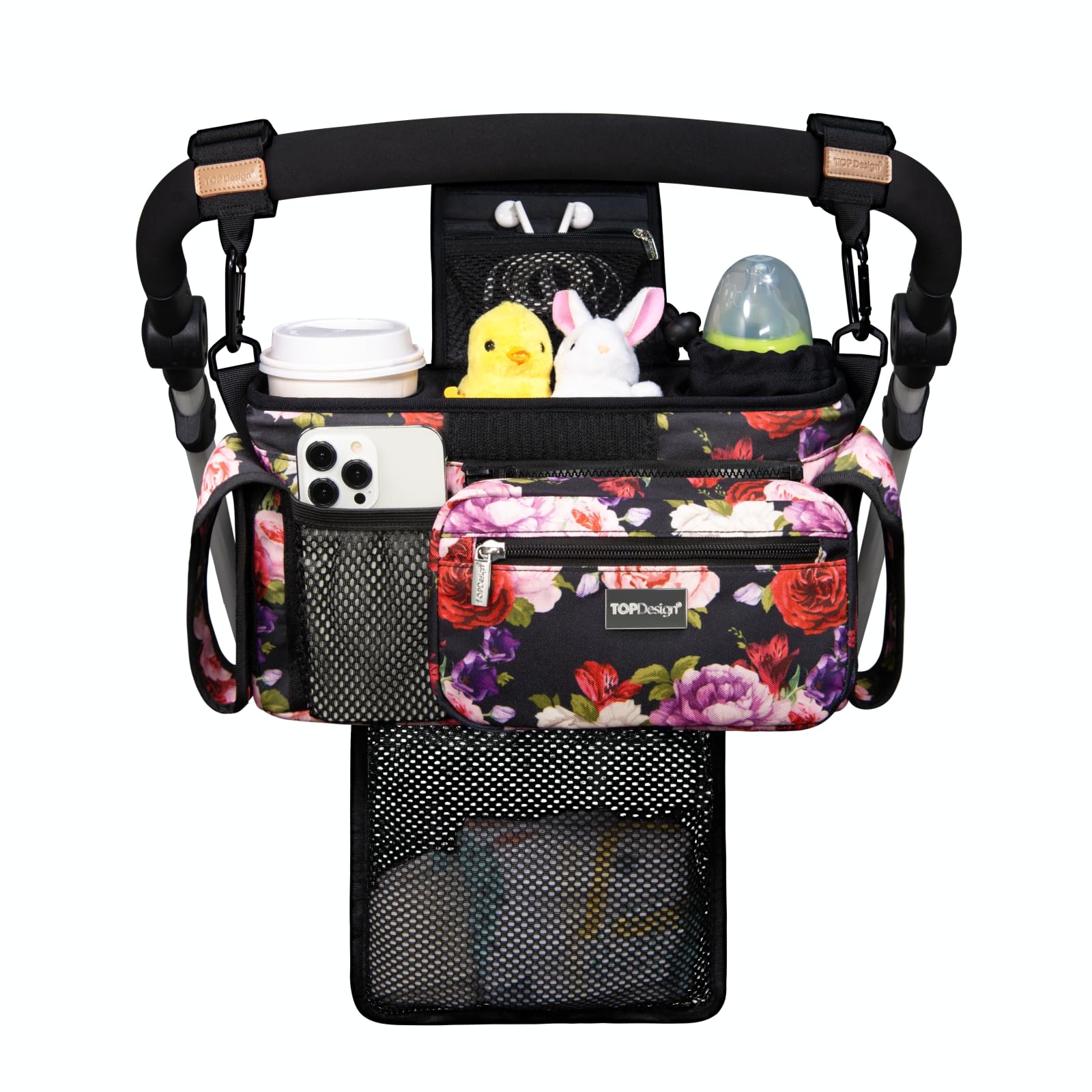 TOPDesign Universal Baby Stroller Organizer, Stroller Caddy with Detachable Mesh Bag & Heightened Insulated Cup Holders & Non-Slip Secure Hooks Accessories, Fits Most Strollers (Checkerboard)