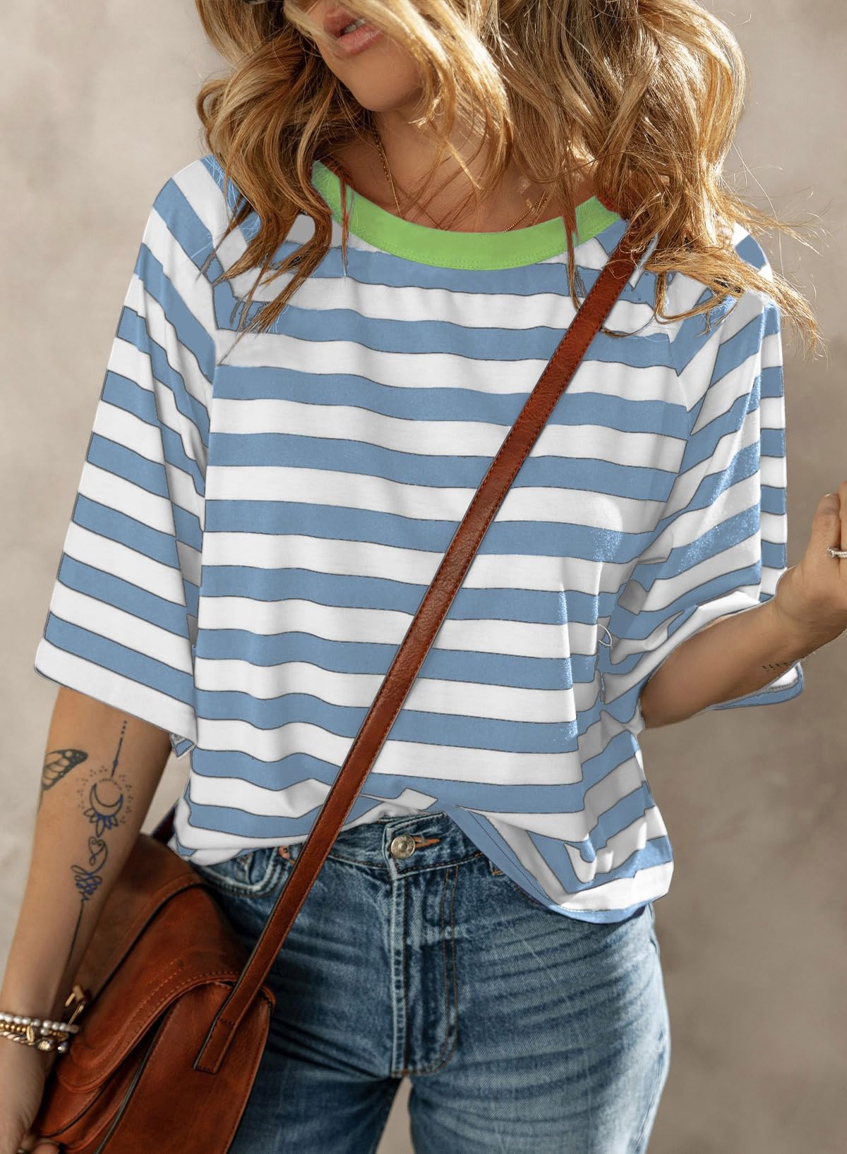 Dokotoo Tops for Women Striped 2026 Fashion T Shirts for Women Color Block Crewneck Design Loose Basic Tee