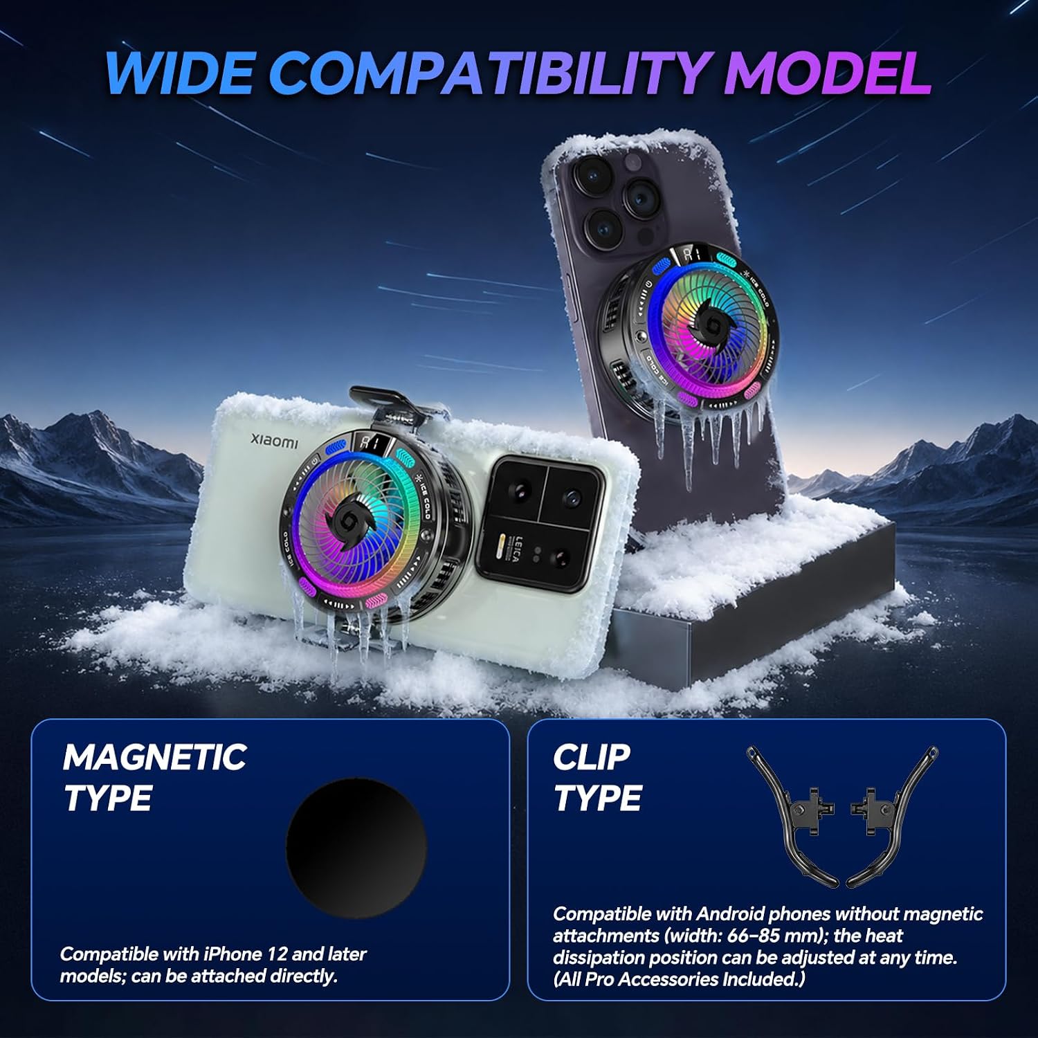 USB Phone Fan with Real-Time Temp Display, AI Smart Control, 100-Level Fan, 4 RGB Modes, Large Cooling Area, Semiconductor Phone Cooling Fan, Magnetic & Clip-On for iPhone Android, Gaming TikTok Live